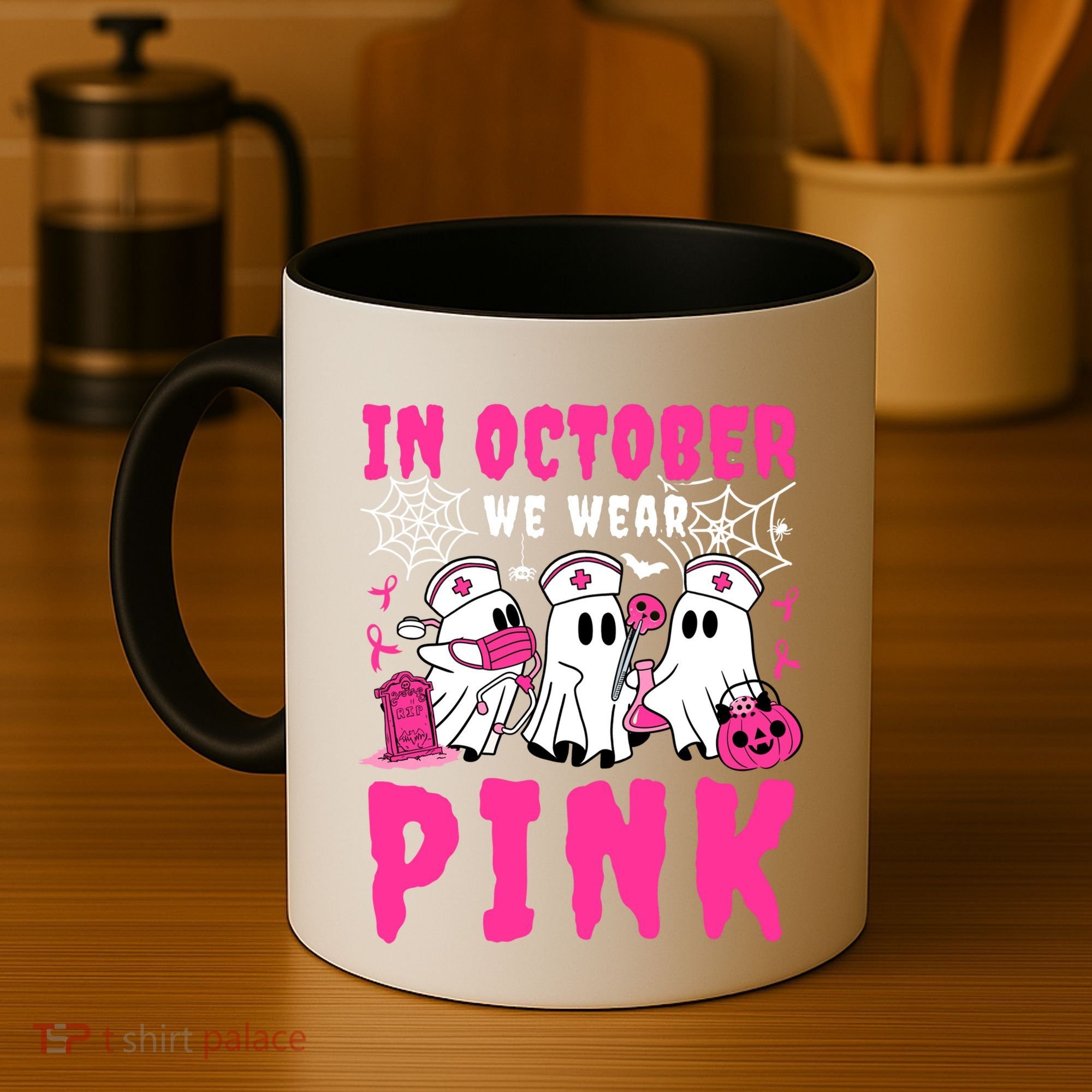 October We Wear Rn Nurse Ghost Halloween Breast Cancer Cool Gift Coffee Mug