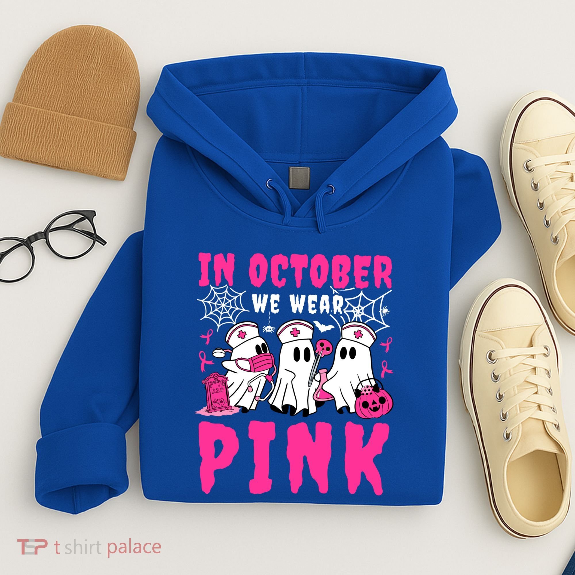 October We Wear Rn Nurse Ghost Halloween Breast Cancer Cool Gift Hoodie