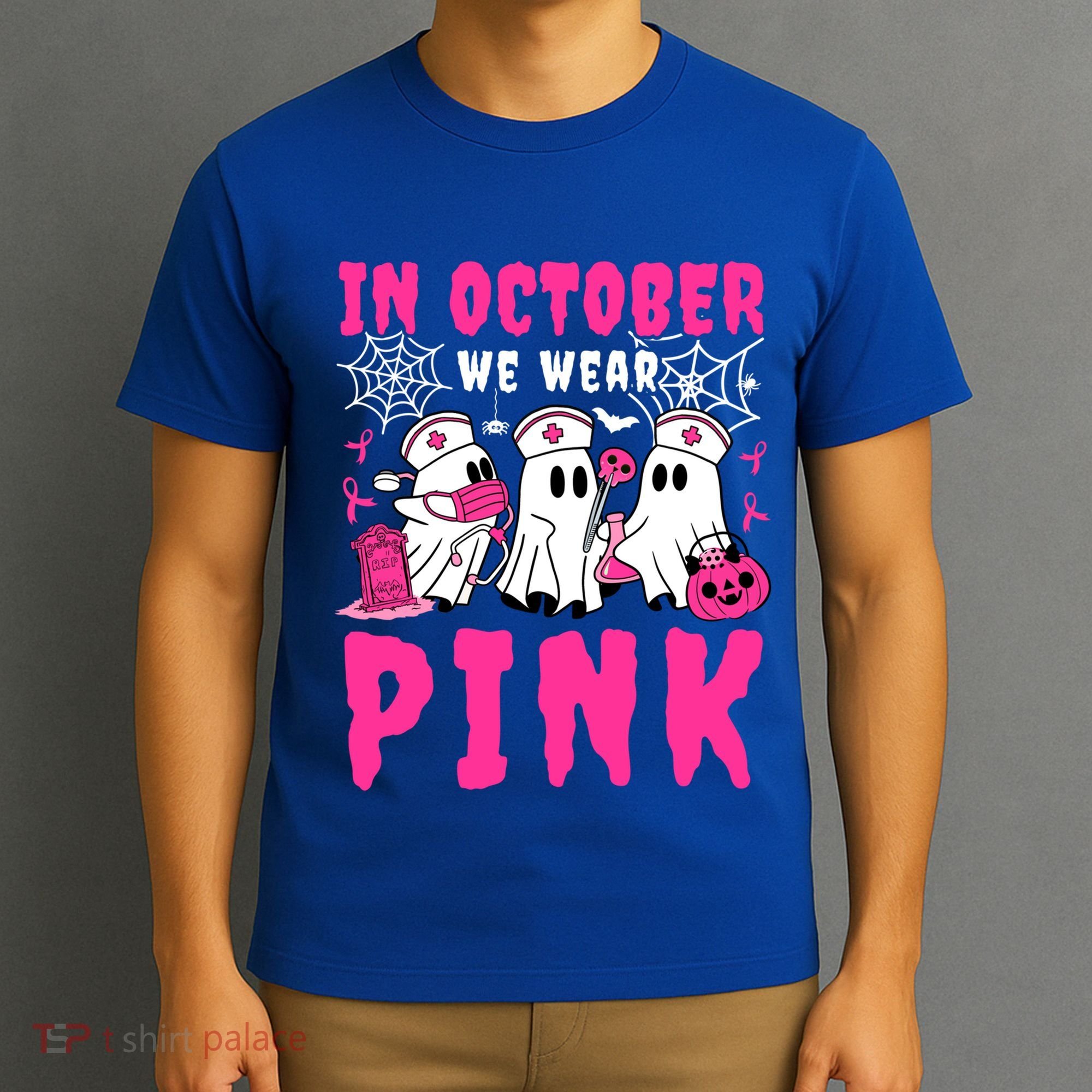 October We Wear Rn Nurse Ghost Halloween Breast Cancer Cool Gift T-Shirt