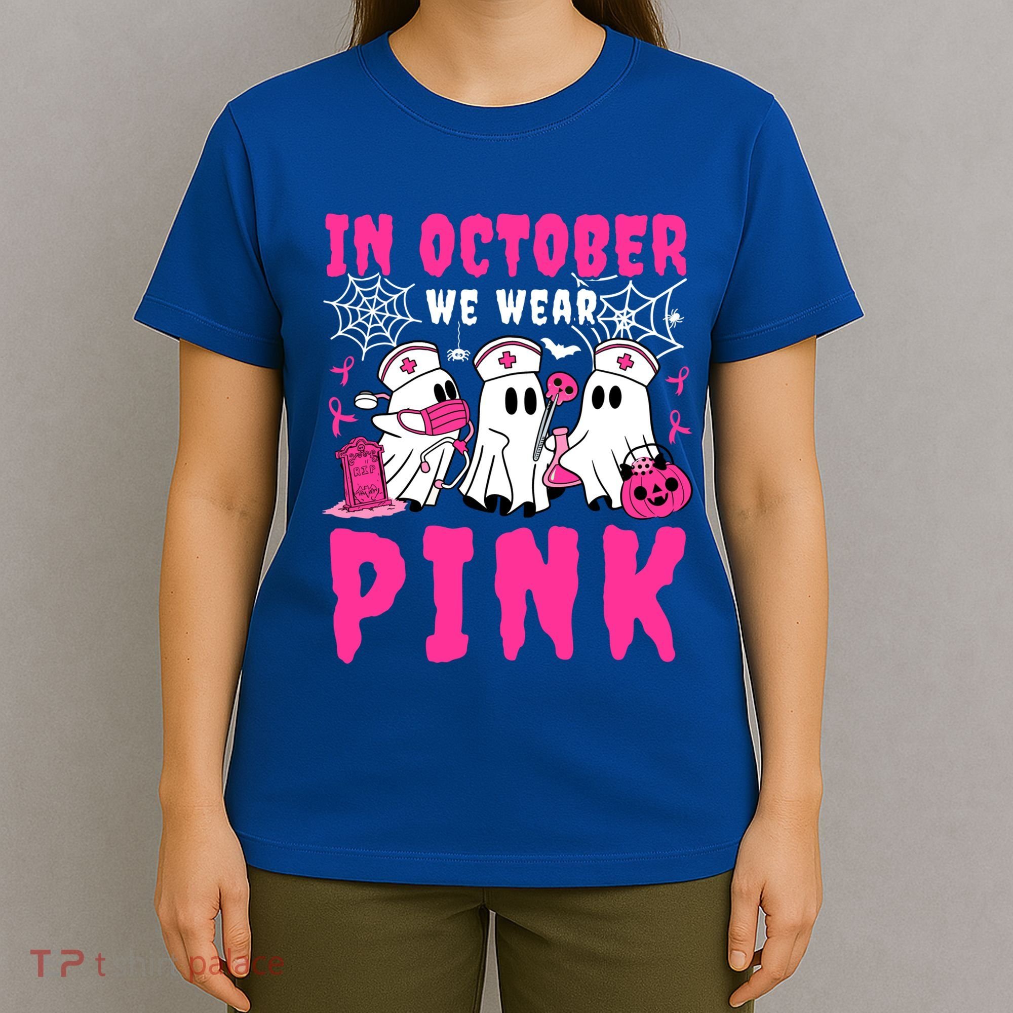 October We Wear Rn Nurse Ghost Halloween Breast Cancer Cool Gift T-Shirt