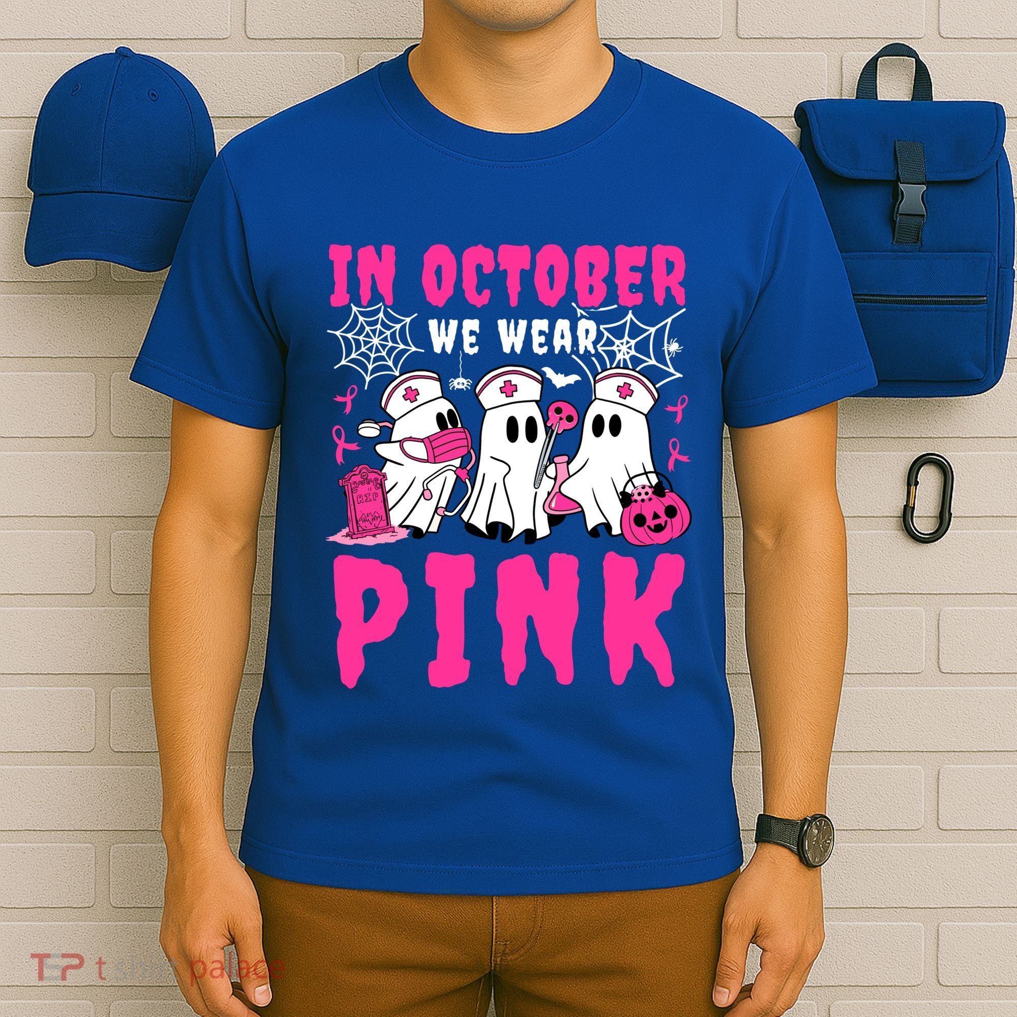 October We Wear Rn Nurse Ghost Halloween Breast Cancer Cool Gift T-Shirt