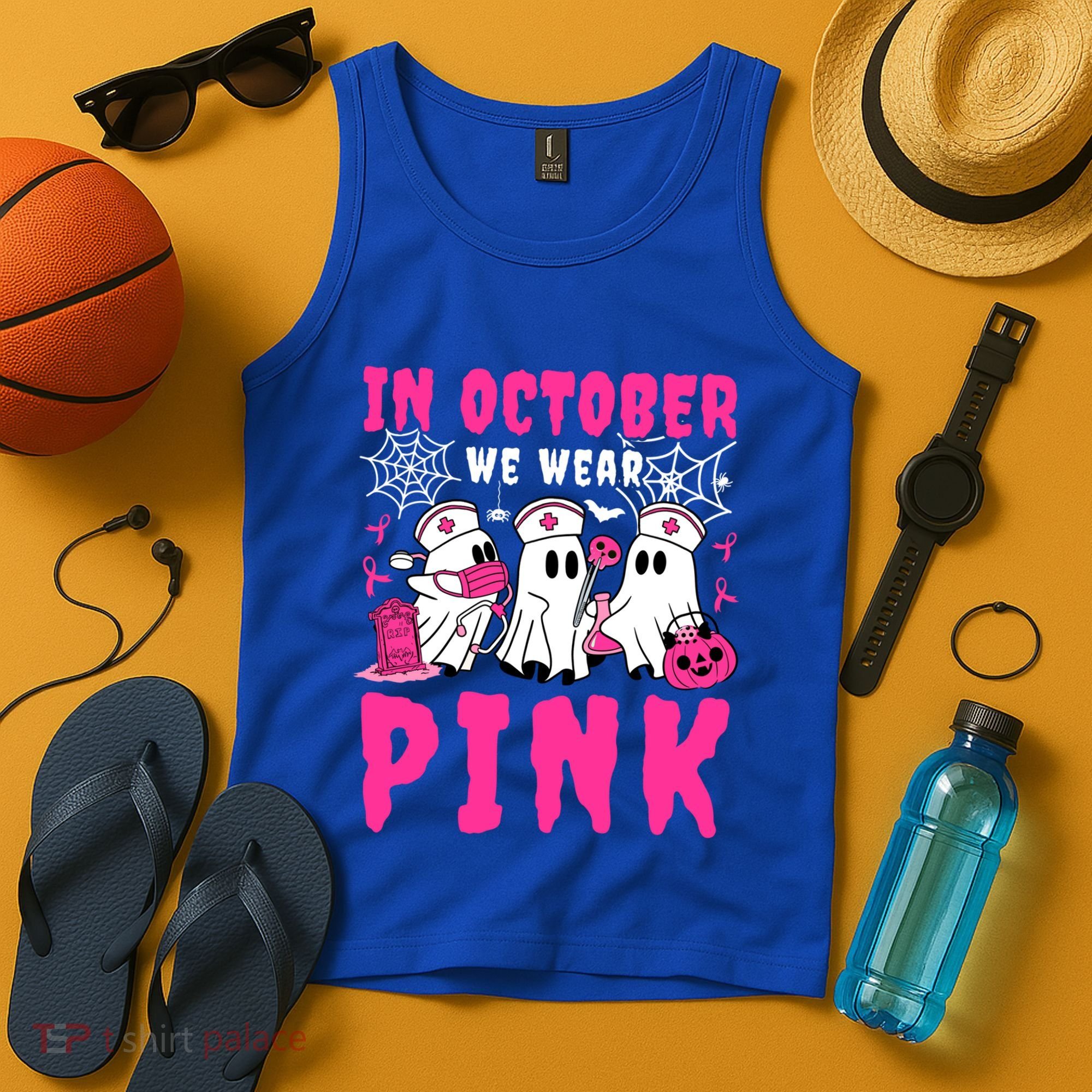October We Wear Rn Nurse Ghost Halloween Breast Cancer Cool Gift Tank Top