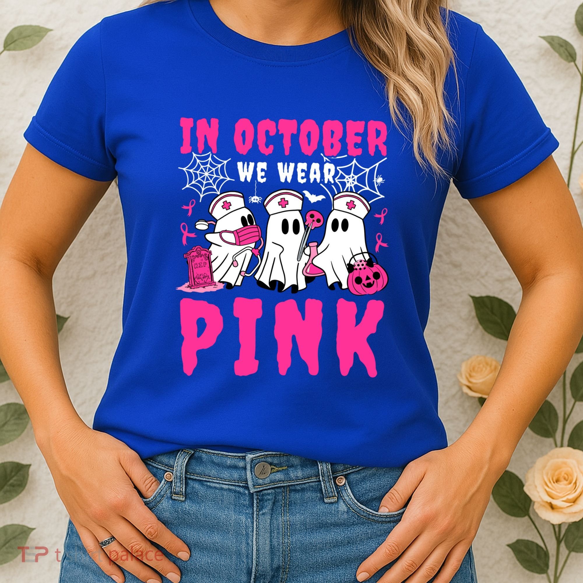 October We Wear Rn Nurse Ghost Halloween Breast Cancer Cool Gift Women's T-Shirt