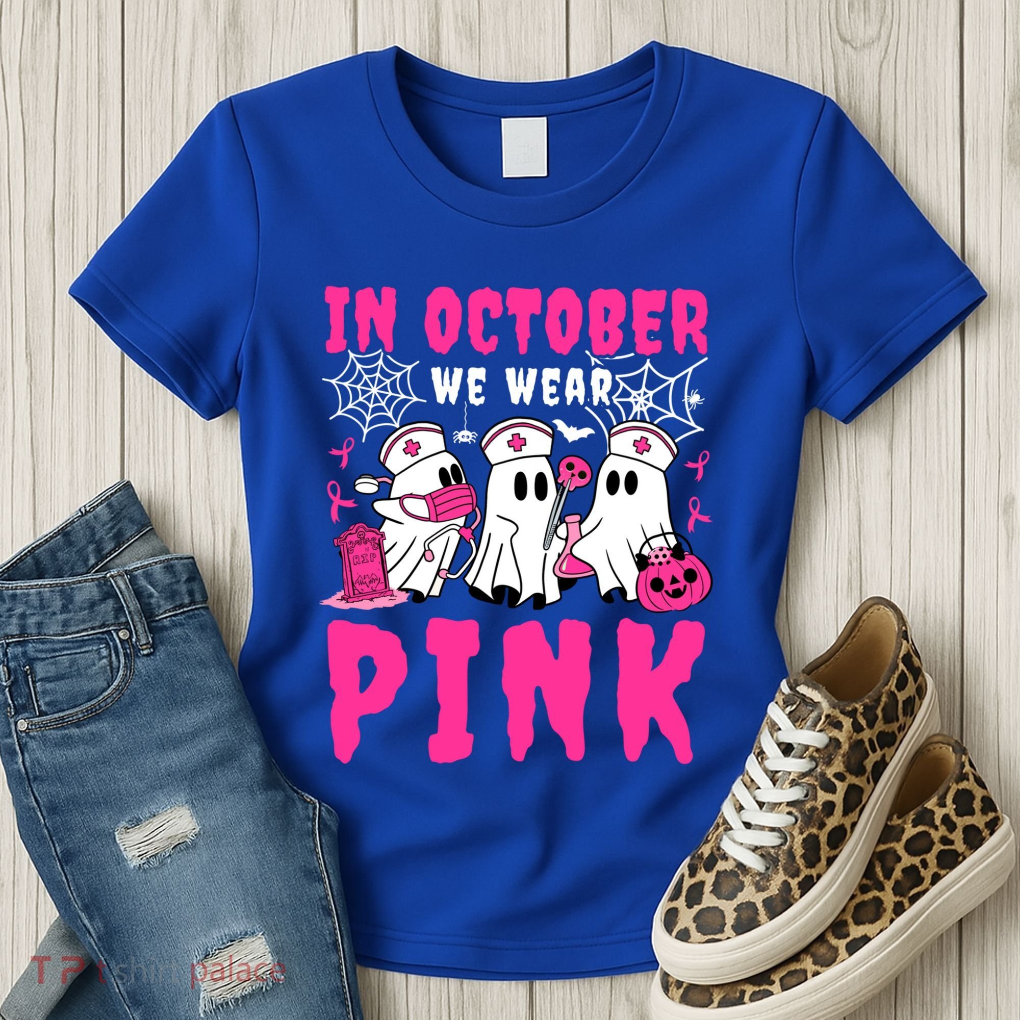 October We Wear Rn Nurse Ghost Halloween Breast Cancer Cool Gift Women's T-Shirt