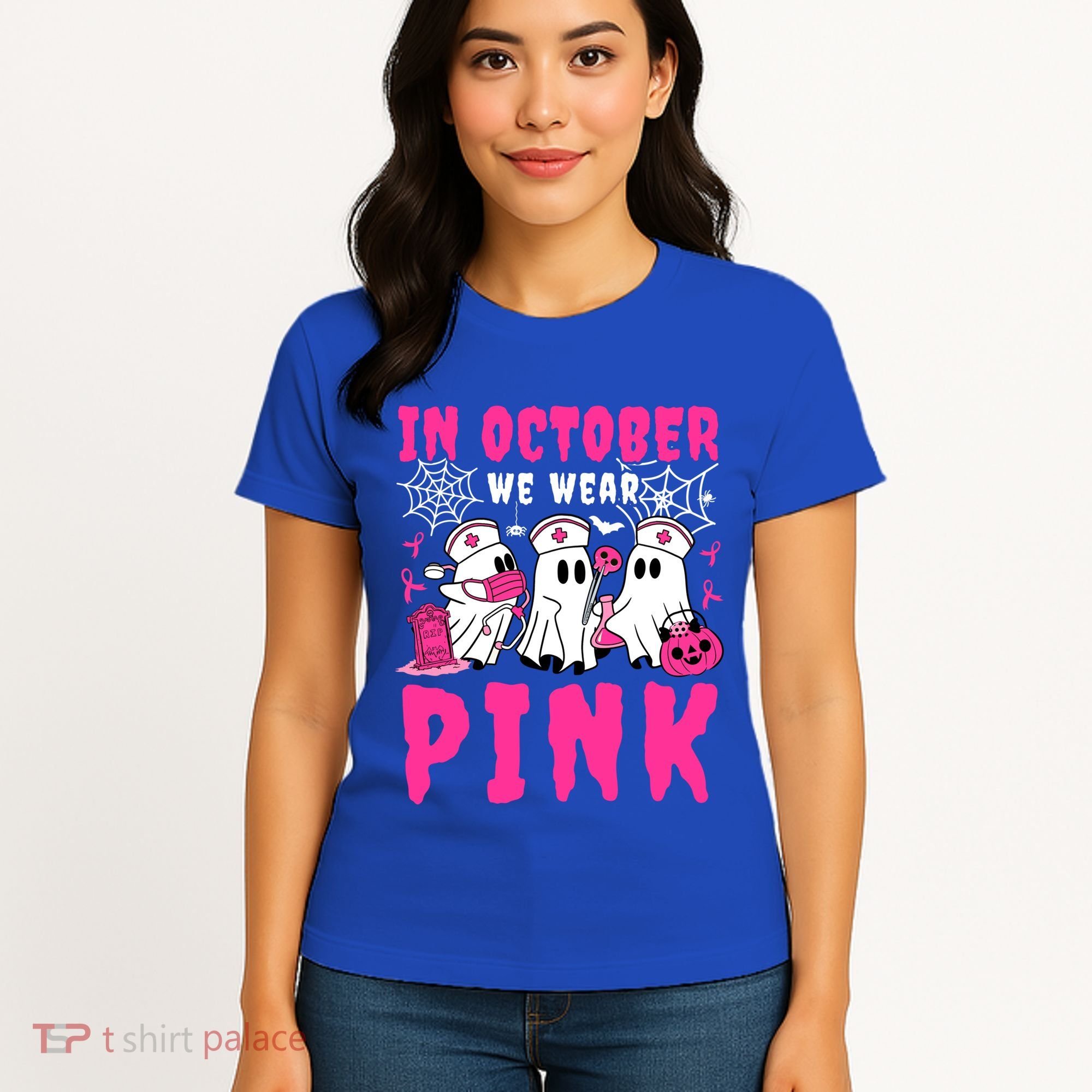 October We Wear Rn Nurse Ghost Halloween Breast Cancer Cool Gift Women's T-Shirt