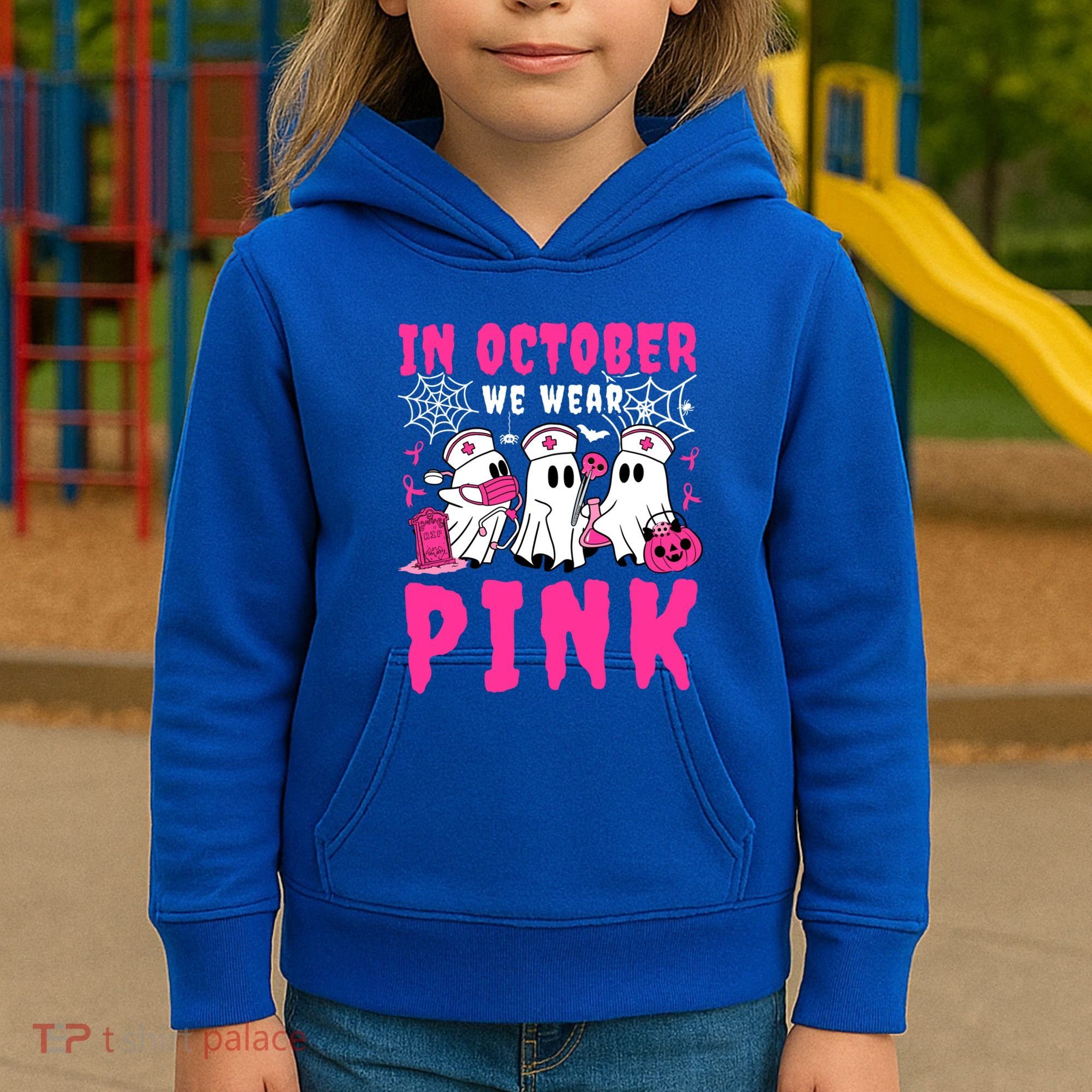 October We Wear Rn Nurse Ghost Halloween Breast Cancer Cool Gift Kids Hoodie
