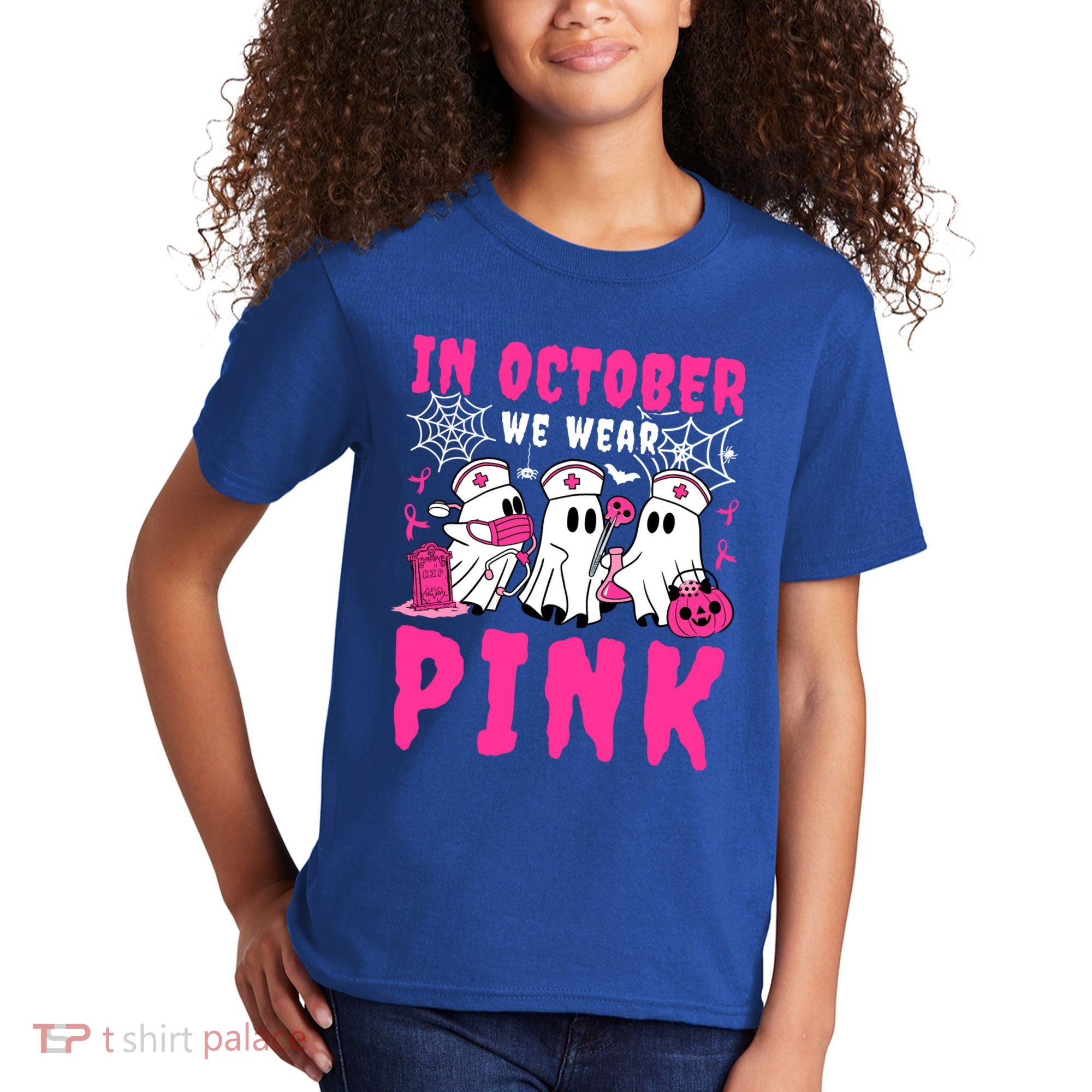 October We Wear Rn Nurse Ghost Halloween Breast Cancer Cool Gift Kids T-Shirt