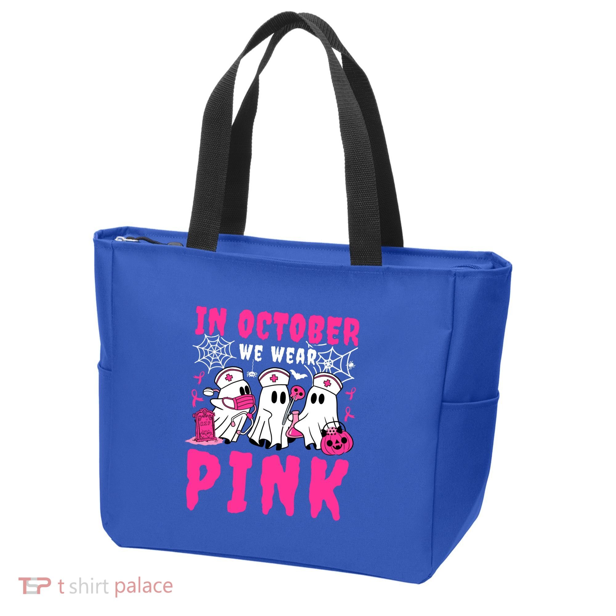 October We Wear Rn Nurse Ghost Halloween Breast Cancer Cool Gift Tote Bag
