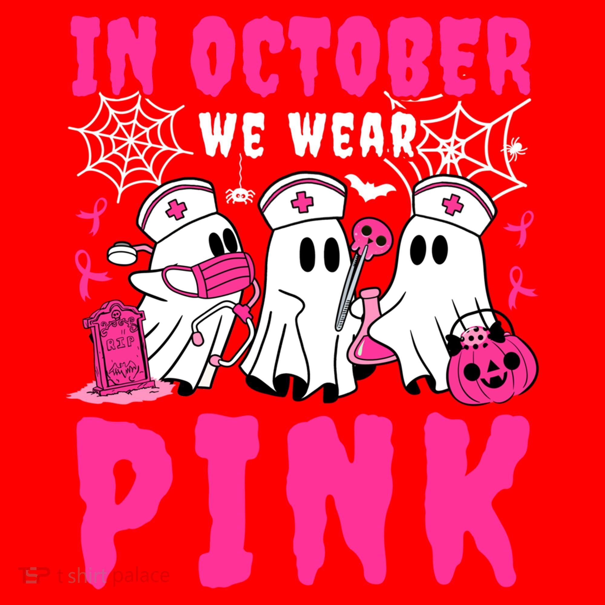 October We Wear Rn Nurse Ghost Halloween Breast Cancer Cool Gift Santa Hat
