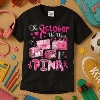 October We Wear Breast Cancer Awareness Postal Worker Kids T-Shirt thumb 3