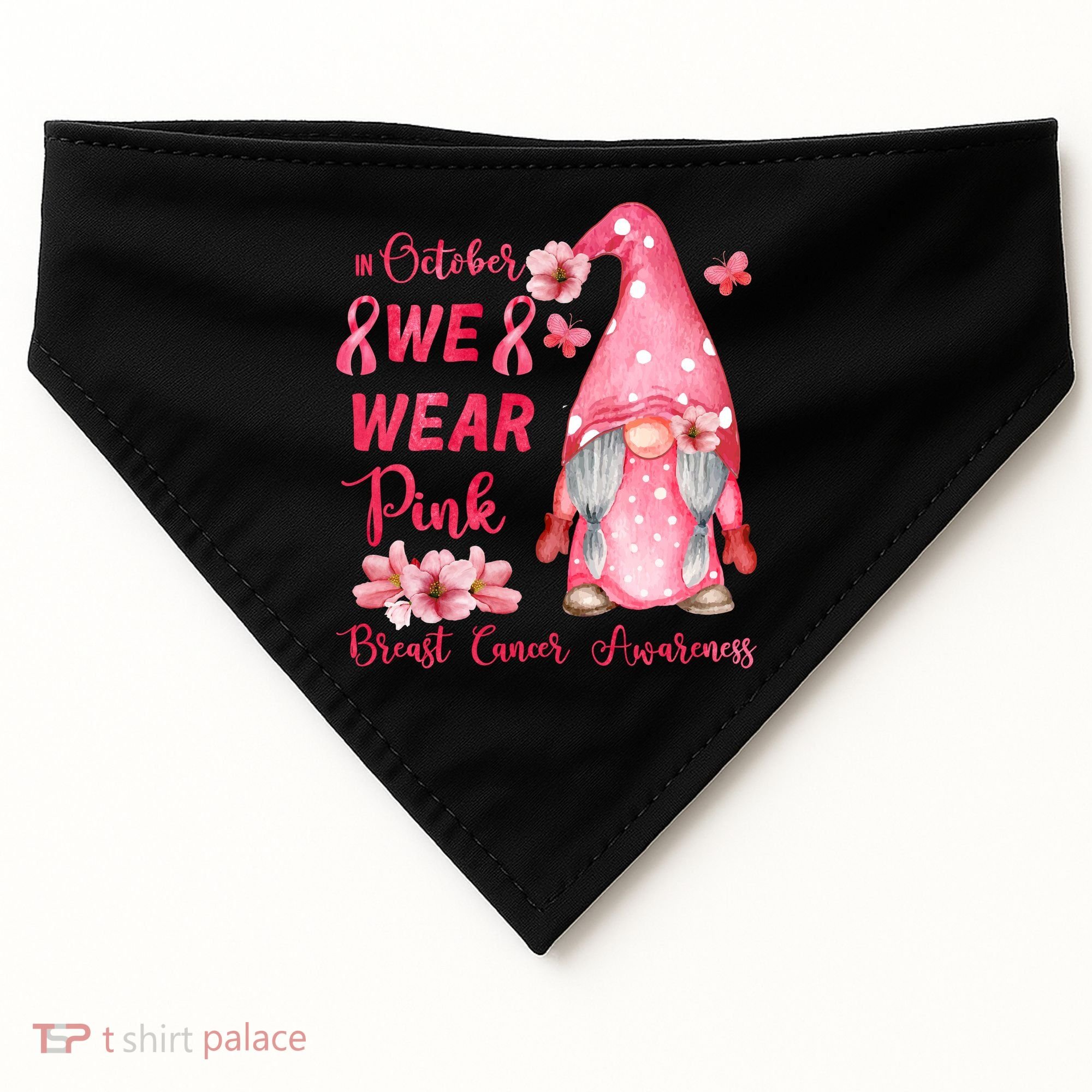 October We Wear Pink Gnome Breast Cancer Awareness USA-Made Doggie Bandana