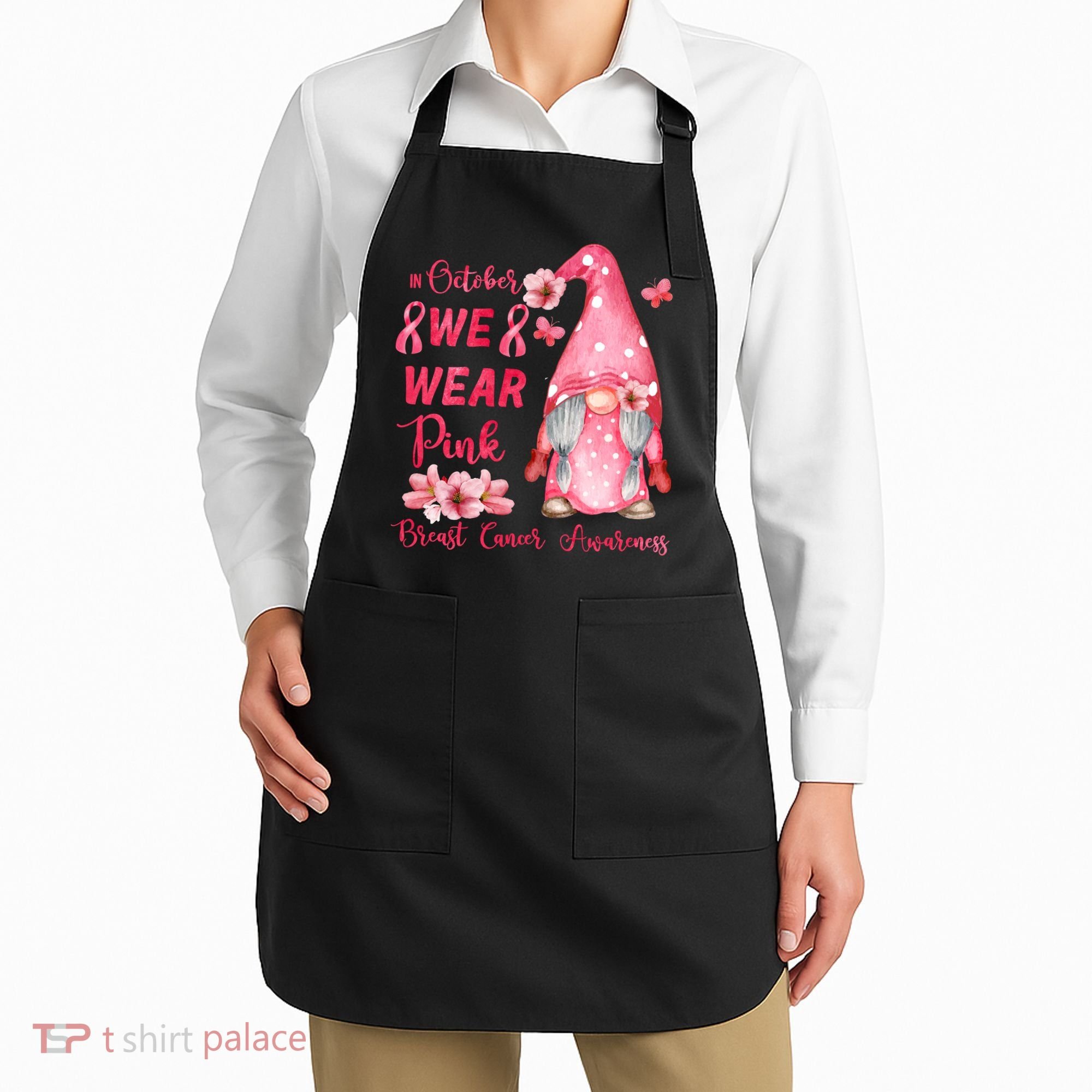 October We Wear Pink Gnome Breast Cancer Awareness Apron