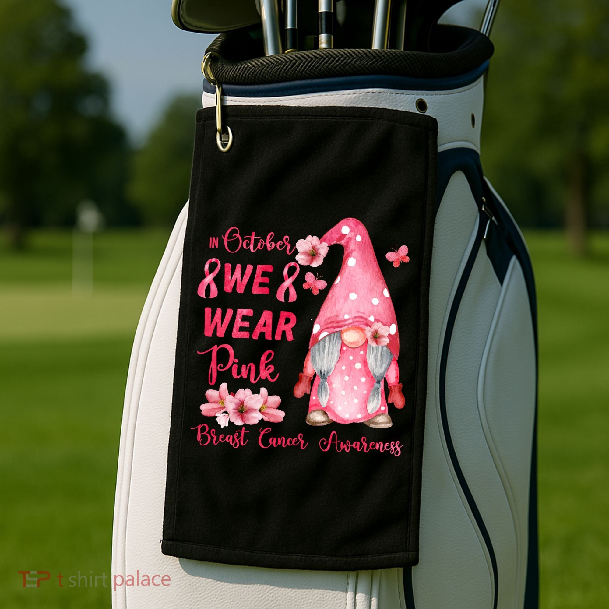 October We Wear Pink Gnome Breast Cancer Awareness Golf Towel