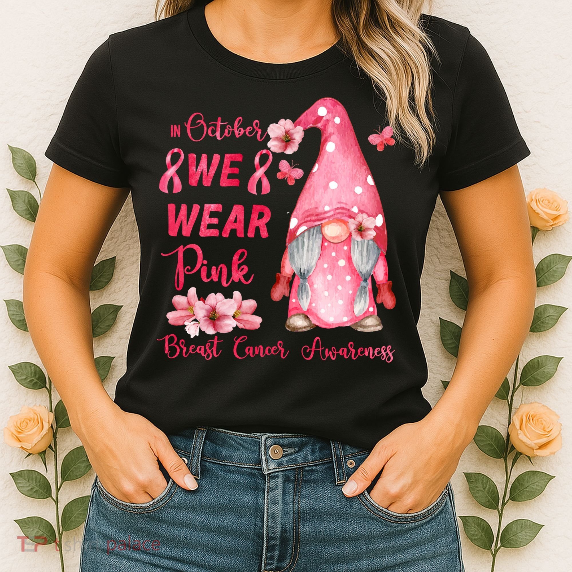 October We Wear Pink Gnome Breast Cancer Awareness Women's T-Shirt