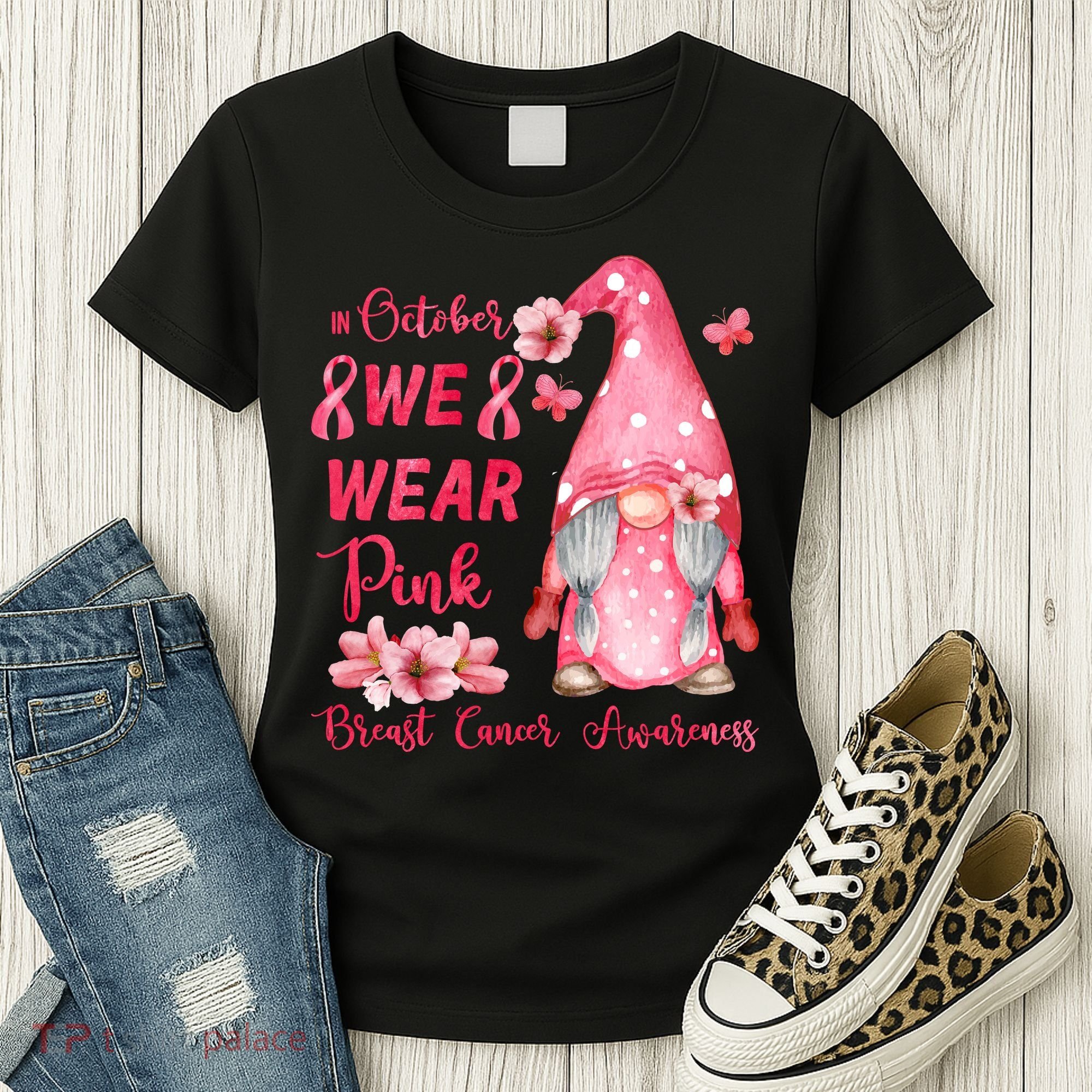October We Wear Pink Gnome Breast Cancer Awareness Women's T-Shirt