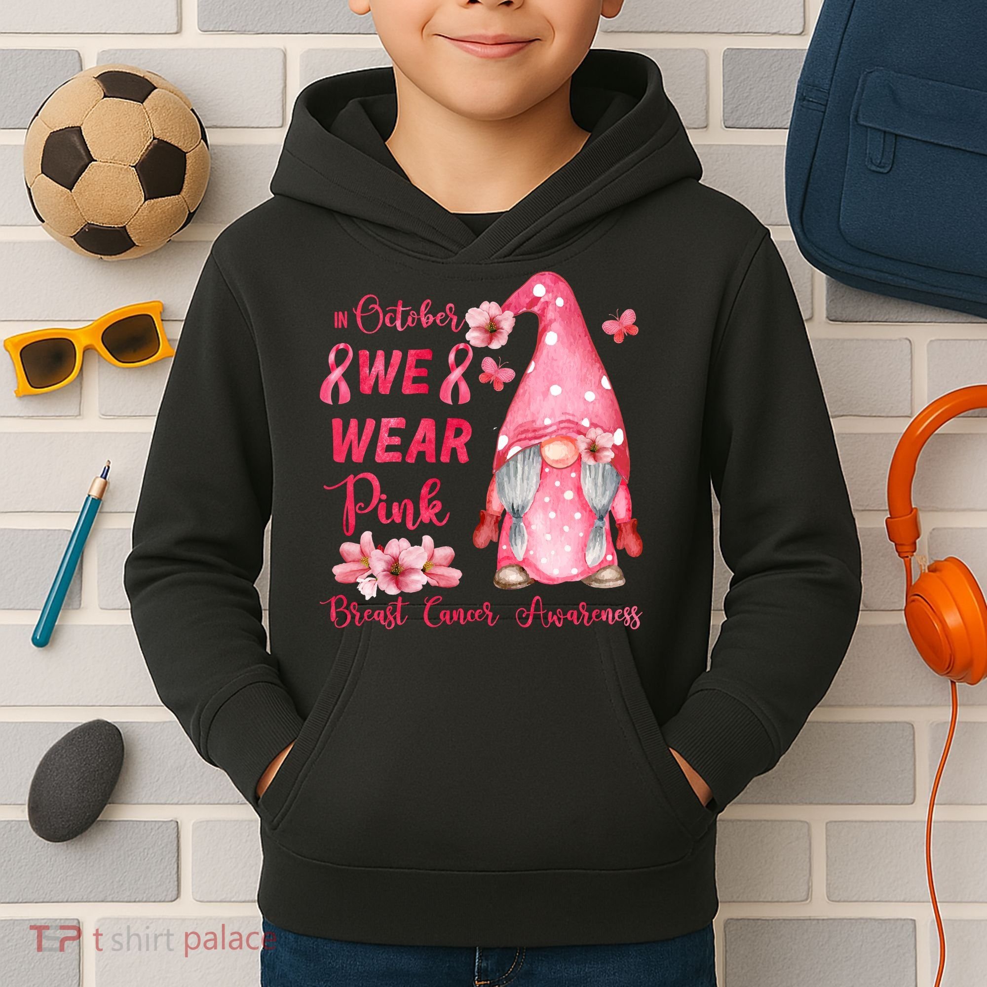 October We Wear Pink Gnome Breast Cancer Awareness Kids Hoodie