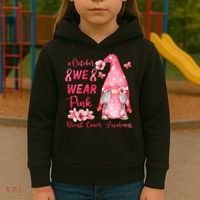 October We Wear Pink Gnome Breast Cancer Awareness Kids Hoodie thumb 3