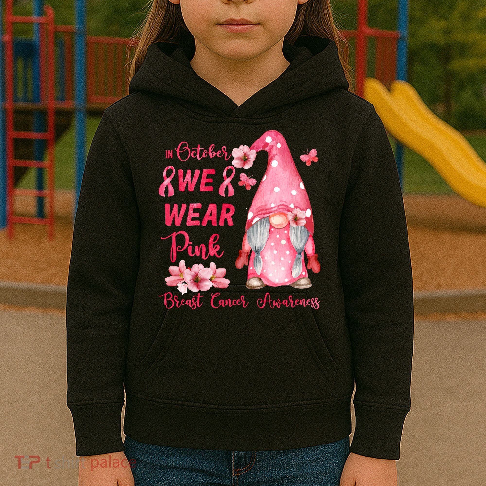 October We Wear Pink Gnome Breast Cancer Awareness Kids Hoodie
