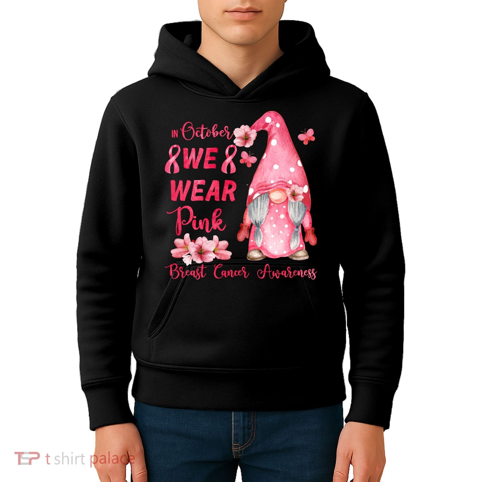 October We Wear Pink Gnome Breast Cancer Awareness Kids Hoodie