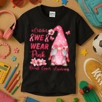 October We Wear Pink Gnome Breast Cancer Awareness Kids T-Shirt thumb 3