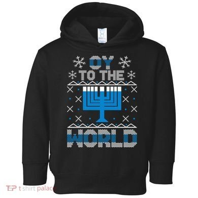 Oy To The World Ugly Hanukkah Sweater Toddler Hoodie