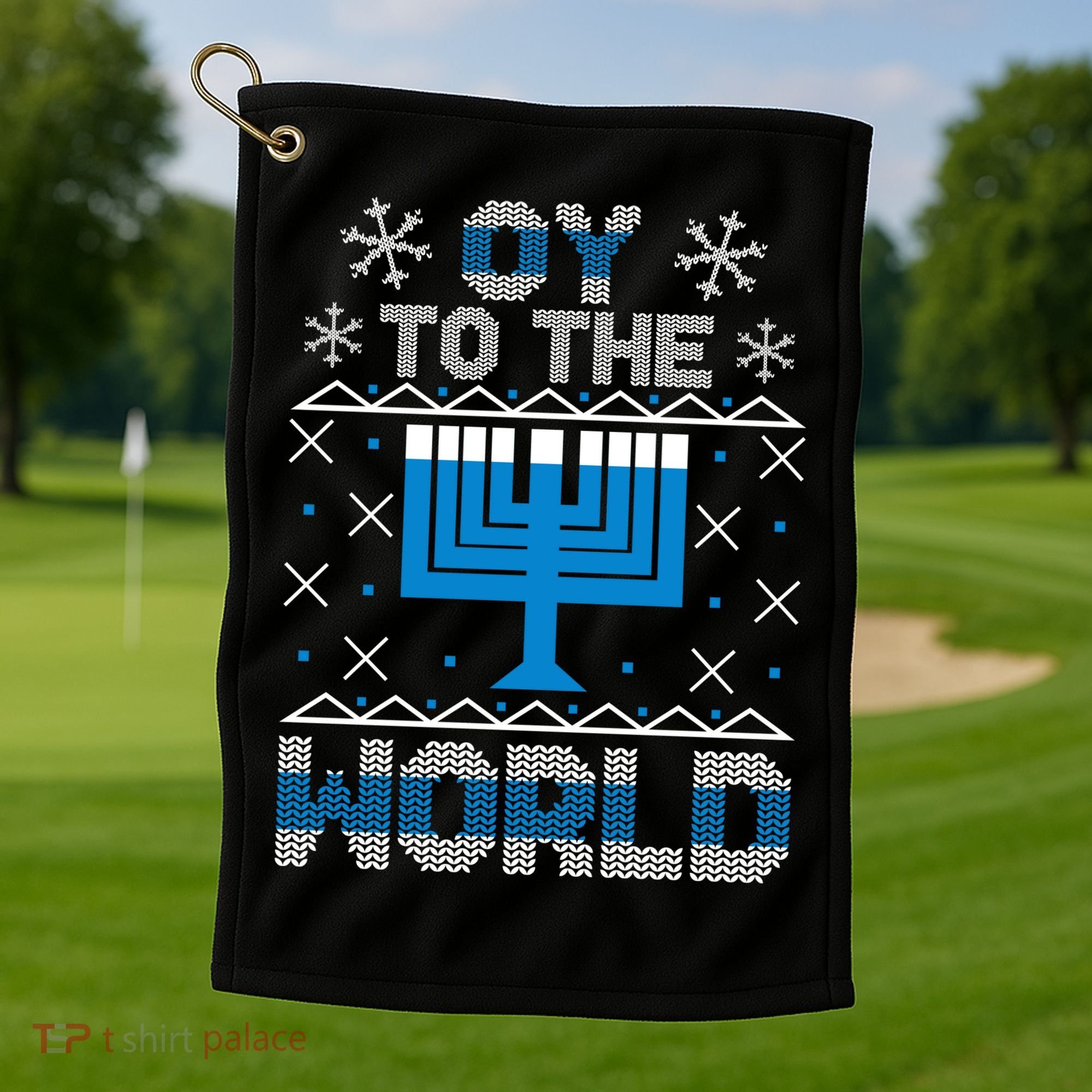 Oy To The World Ugly Hanukkah Sweater Golf Towel