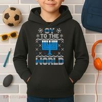Oy To The World Ugly Hanukkah Sweater Kids Hoodie thumb 2