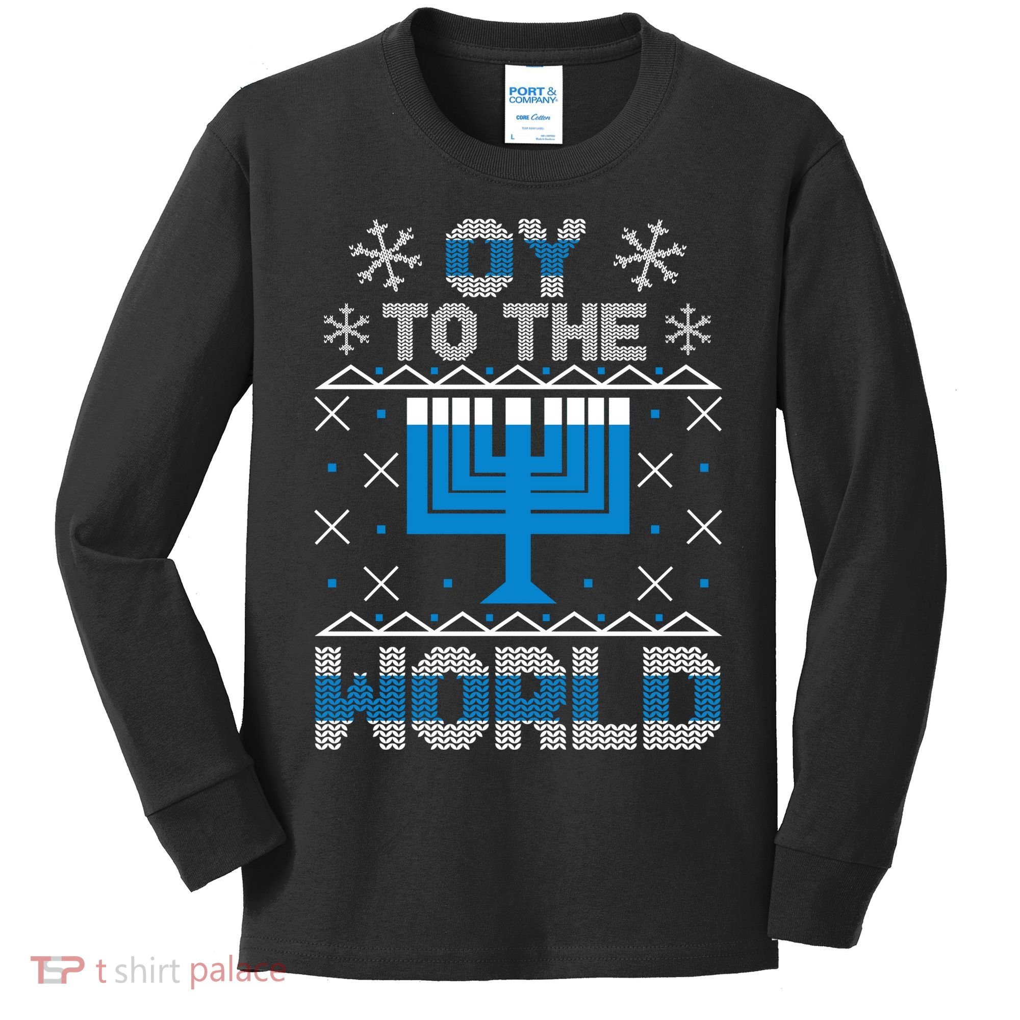 Oy To The World Ugly Hanukkah Sweater Kids Long Sleeve Shirt