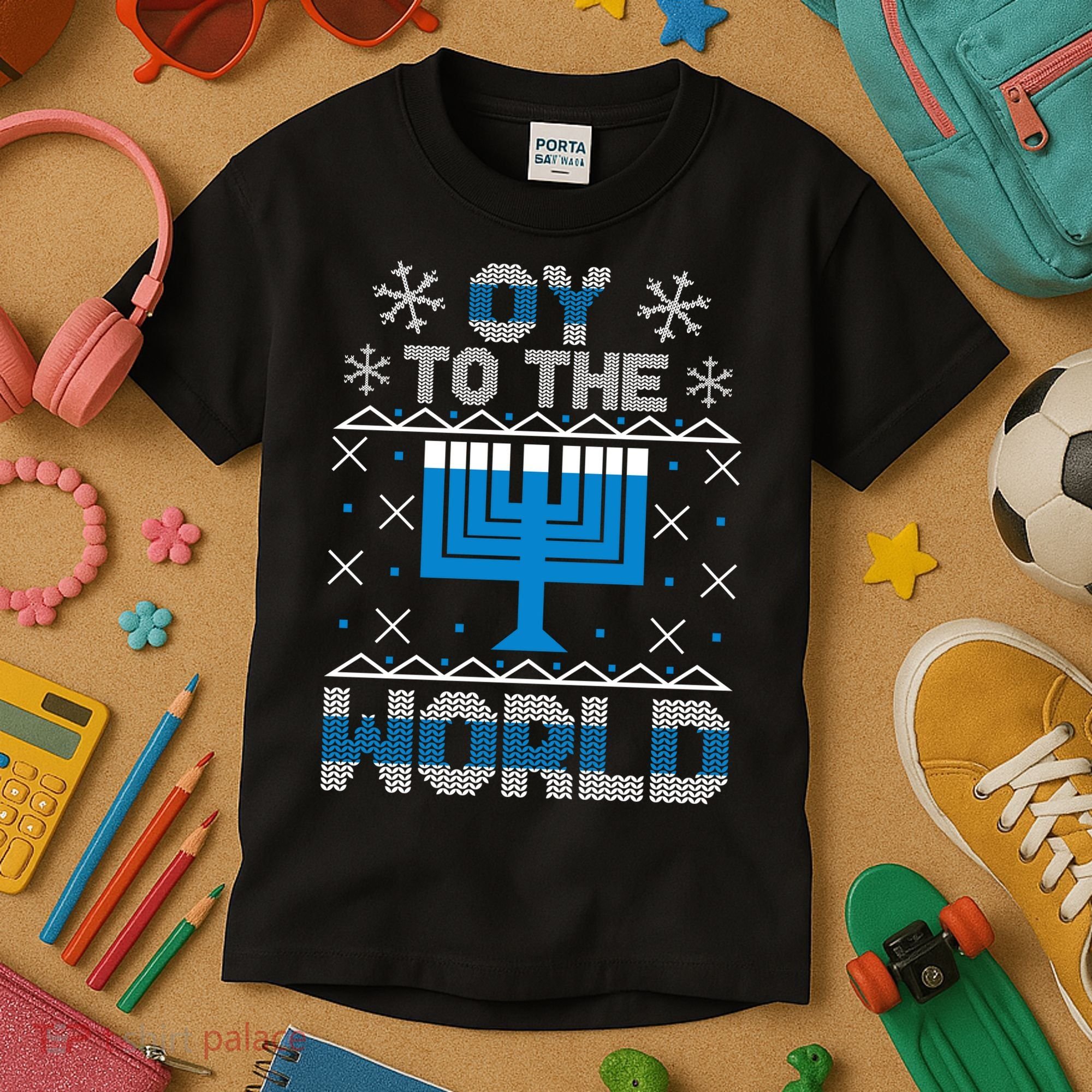 Oy To The World Ugly Hanukkah Sweater Kids T-Shirt