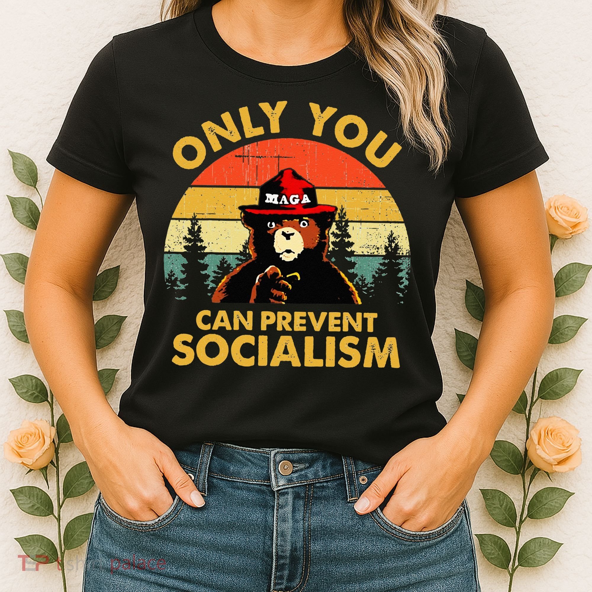 Only You Can Prevent Socialism Bear Wearing Hat MAGA Smokey Women's T-Shirt