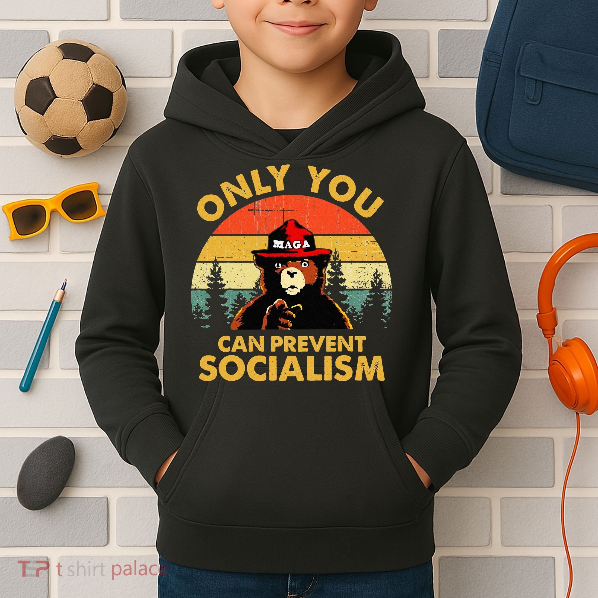 Only You Can Prevent Socialism Bear Wearing Hat MAGA Smokey Kids Hoodie