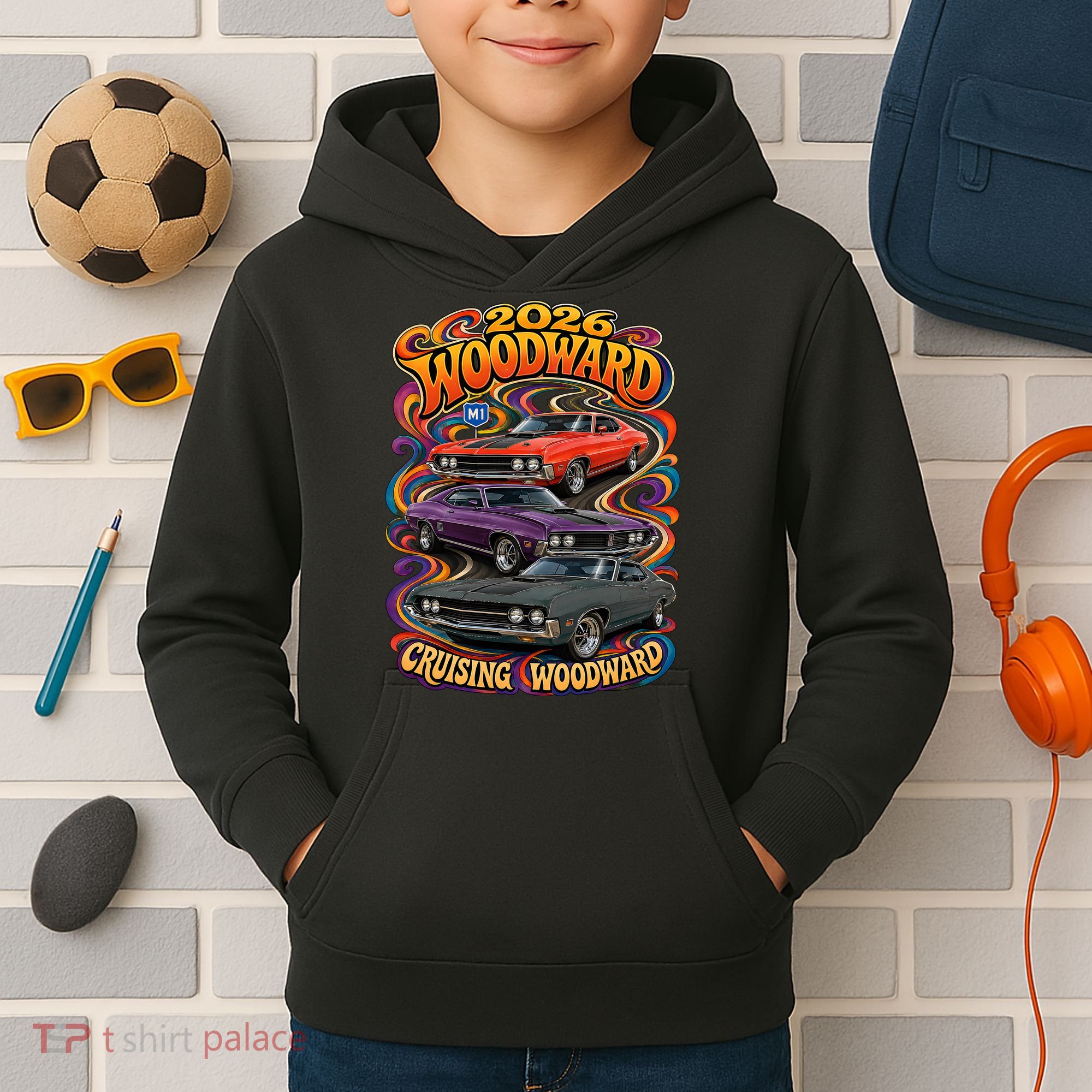Psychedelic 2026 Woodward Cruising 1970s Muscle Cars Kids Hoodie