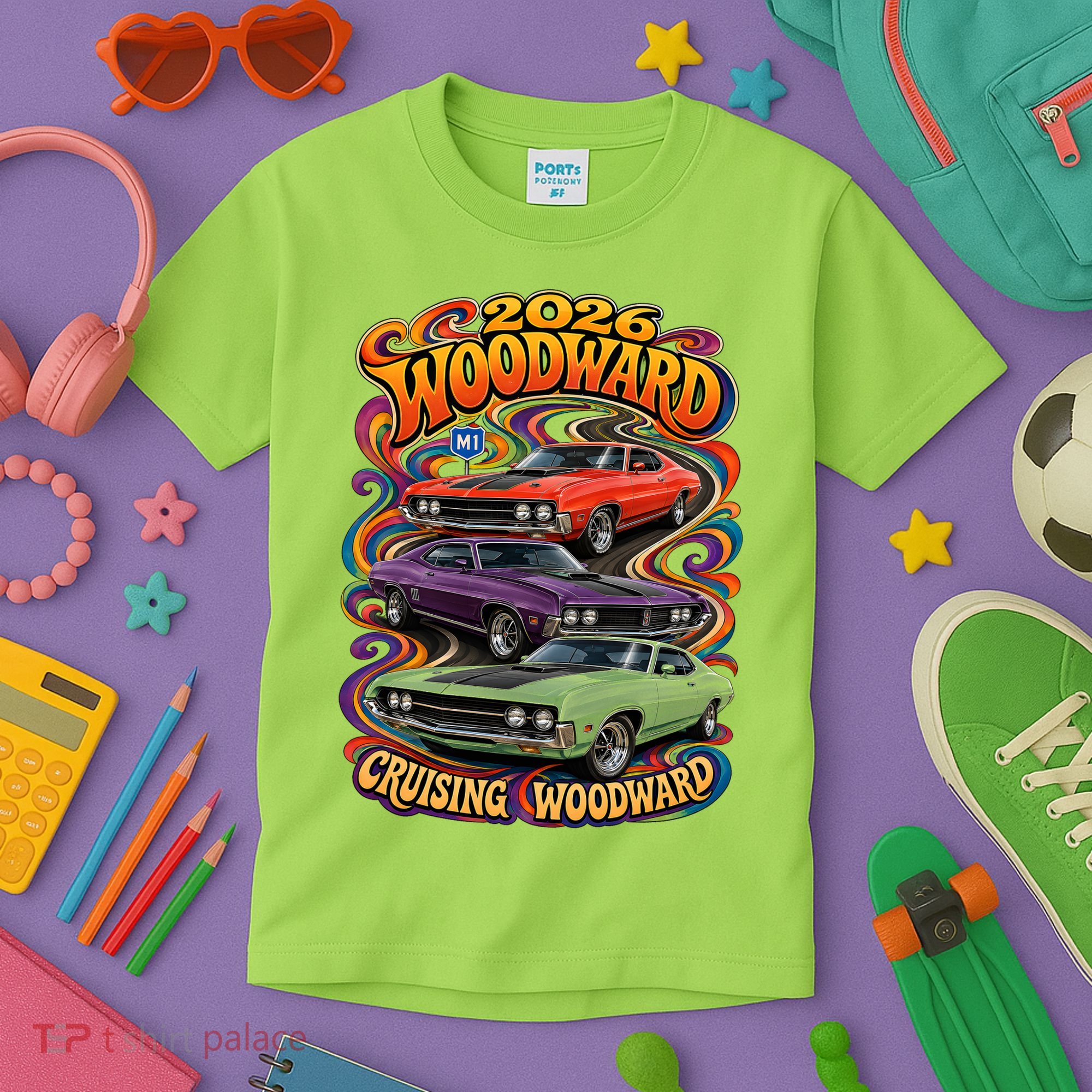 Psychedelic 2026 Woodward Cruising 1970s Muscle Cars Kids T-Shirt