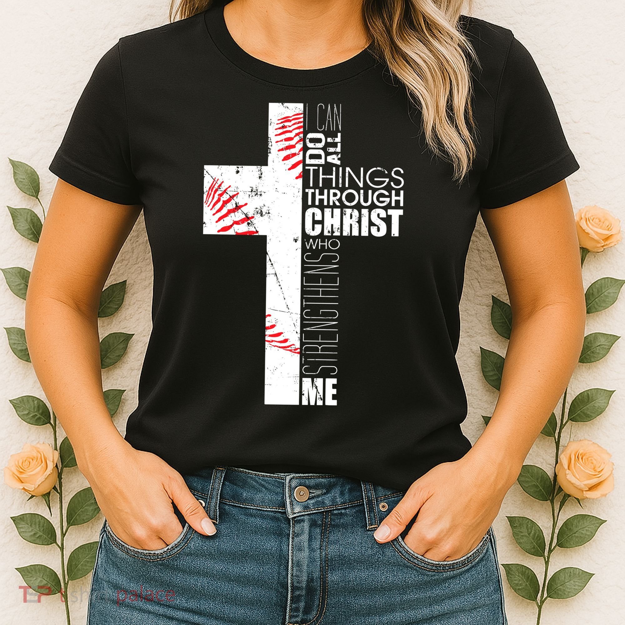 Philippians 413 Baseball Christian Cross Religious Verse Women's T-Shirt