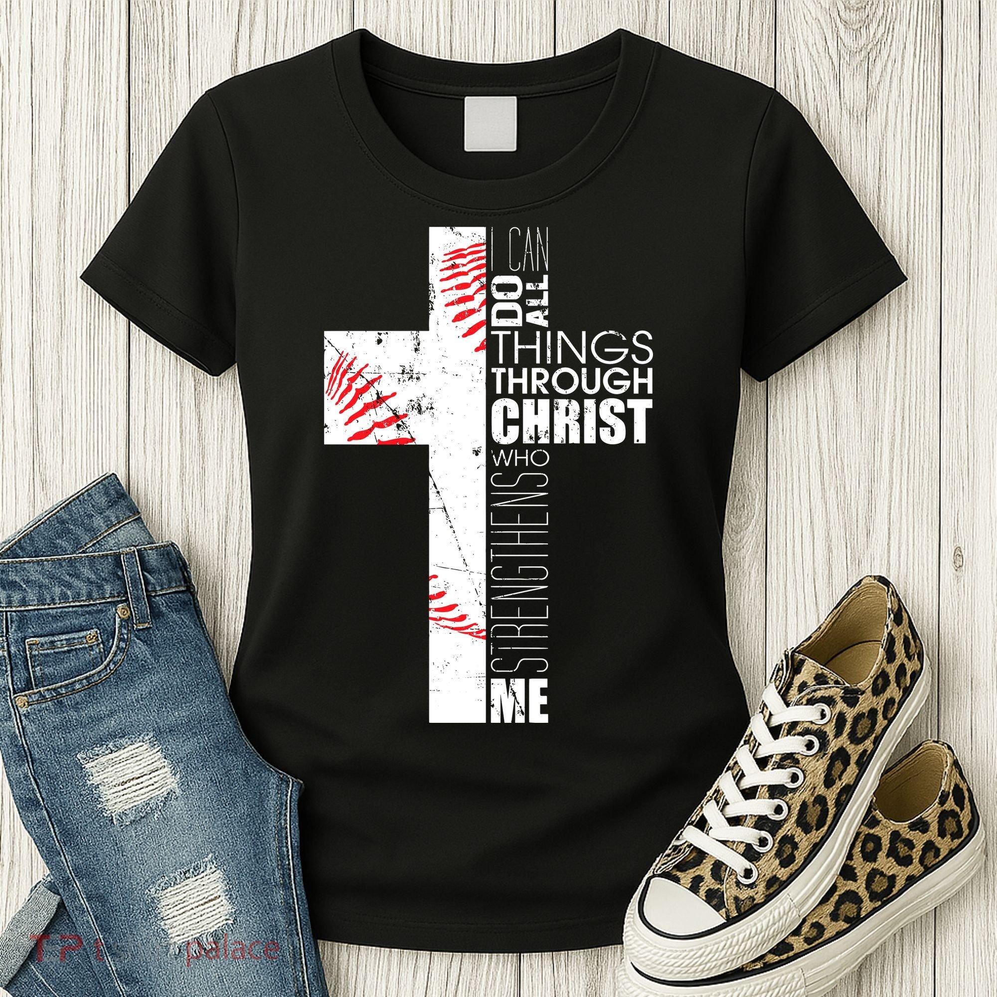Philippians 413 Baseball Christian Cross Religious Verse Women's T-Shirt