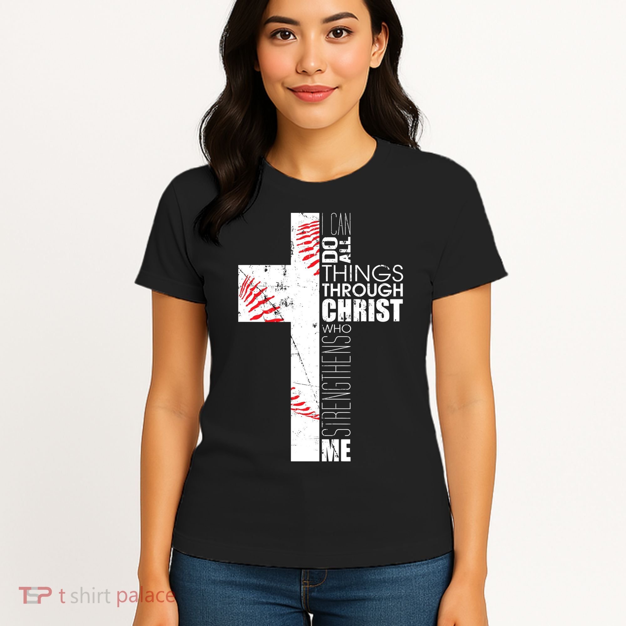 Philippians 413 Baseball Christian Cross Religious Verse Women's T-Shirt