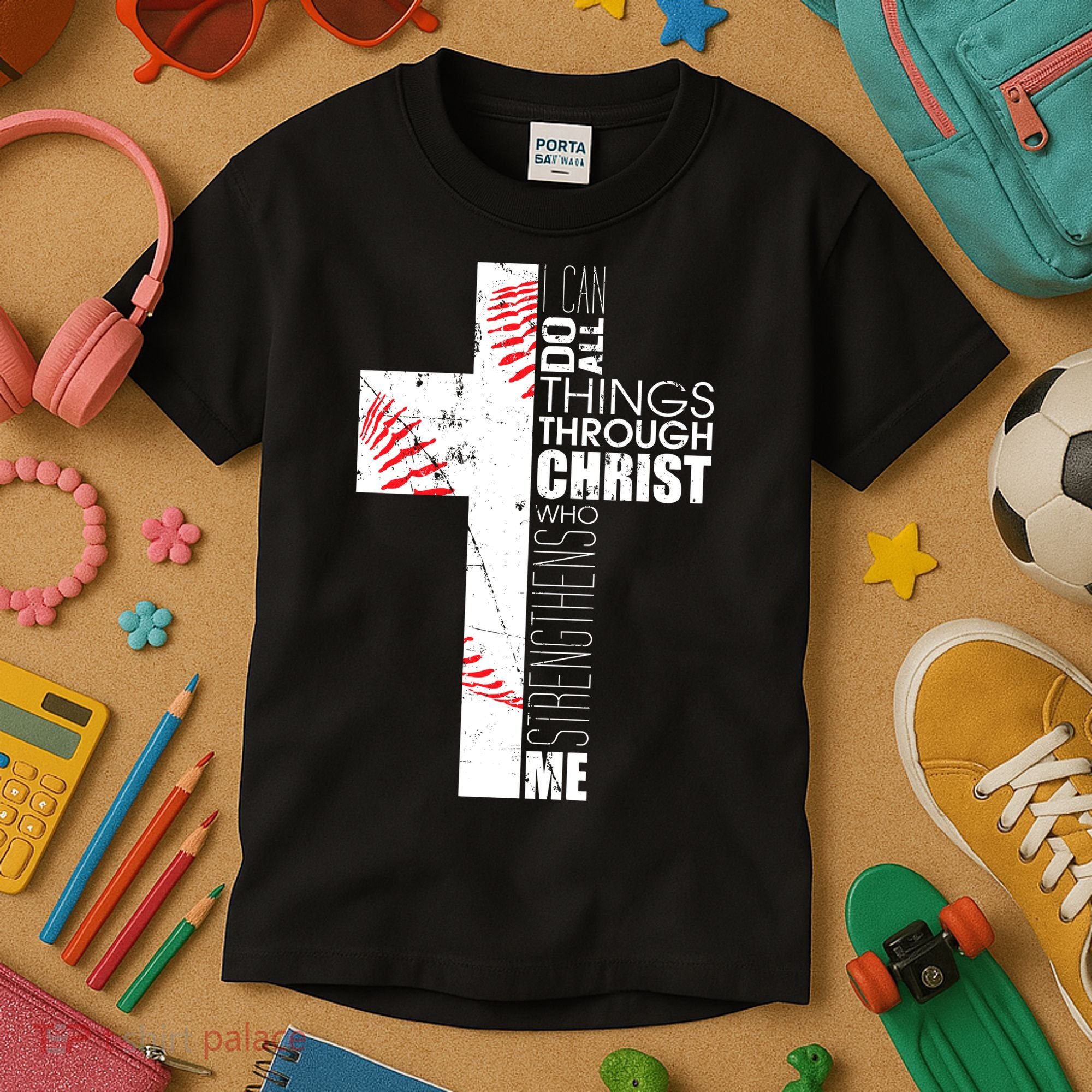 Philippians 413 Baseball Christian Cross Religious Verse Kids T-Shirt