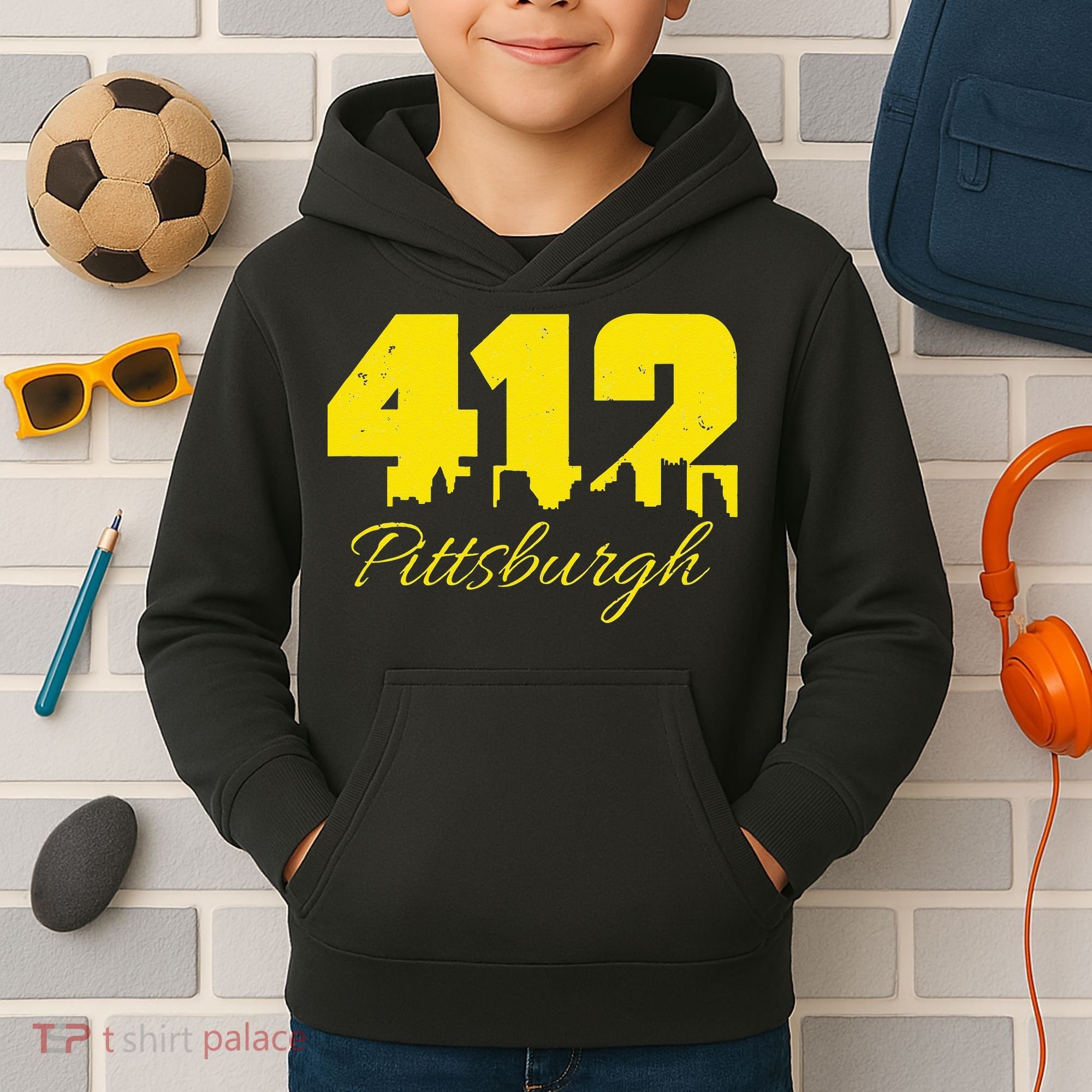Pittsburgh 412 City Skyline Yellow Pittsburgh Kids Hoodie