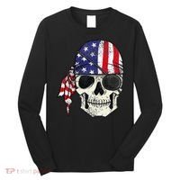 Pirate 4th of July Distressed USA Skull American Flag Long Sleeve Shirt thumb 0