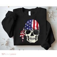 Pirate 4th of July Distressed USA Skull American Flag Sweatshirt thumb 2
