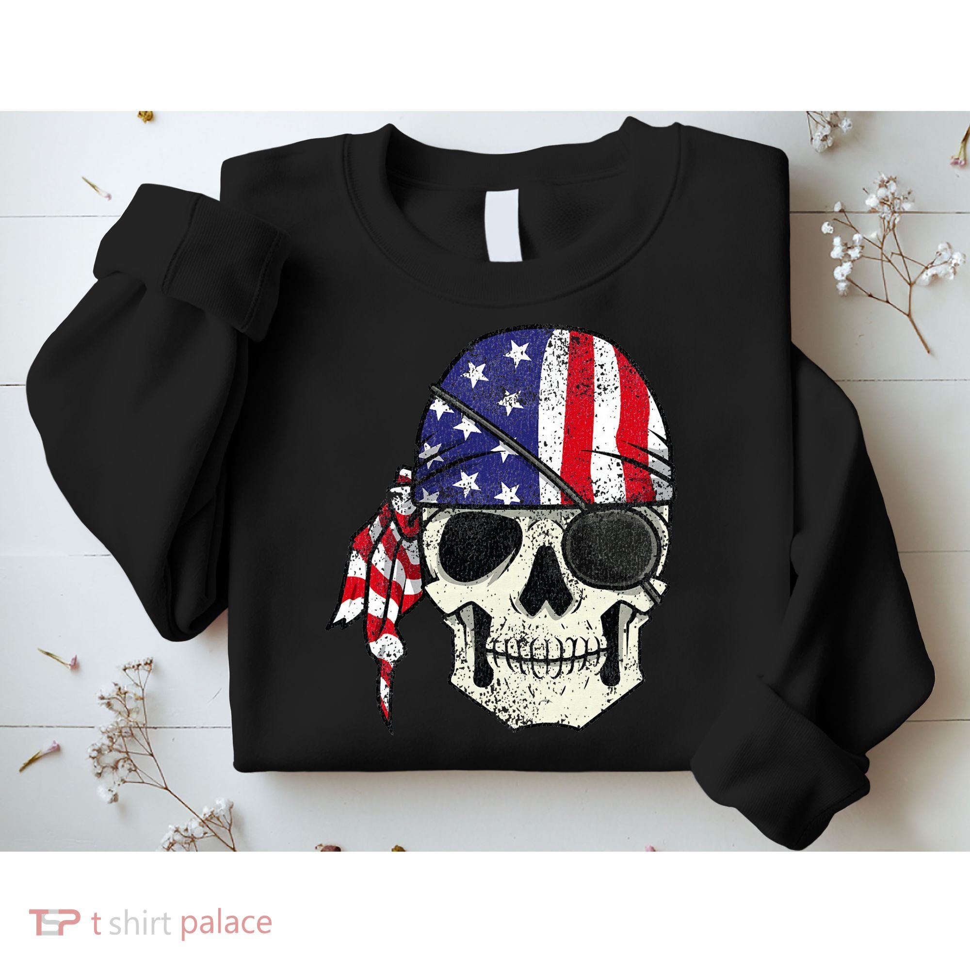 Pirate 4th of July Distressed USA Skull American Flag Sweatshirt