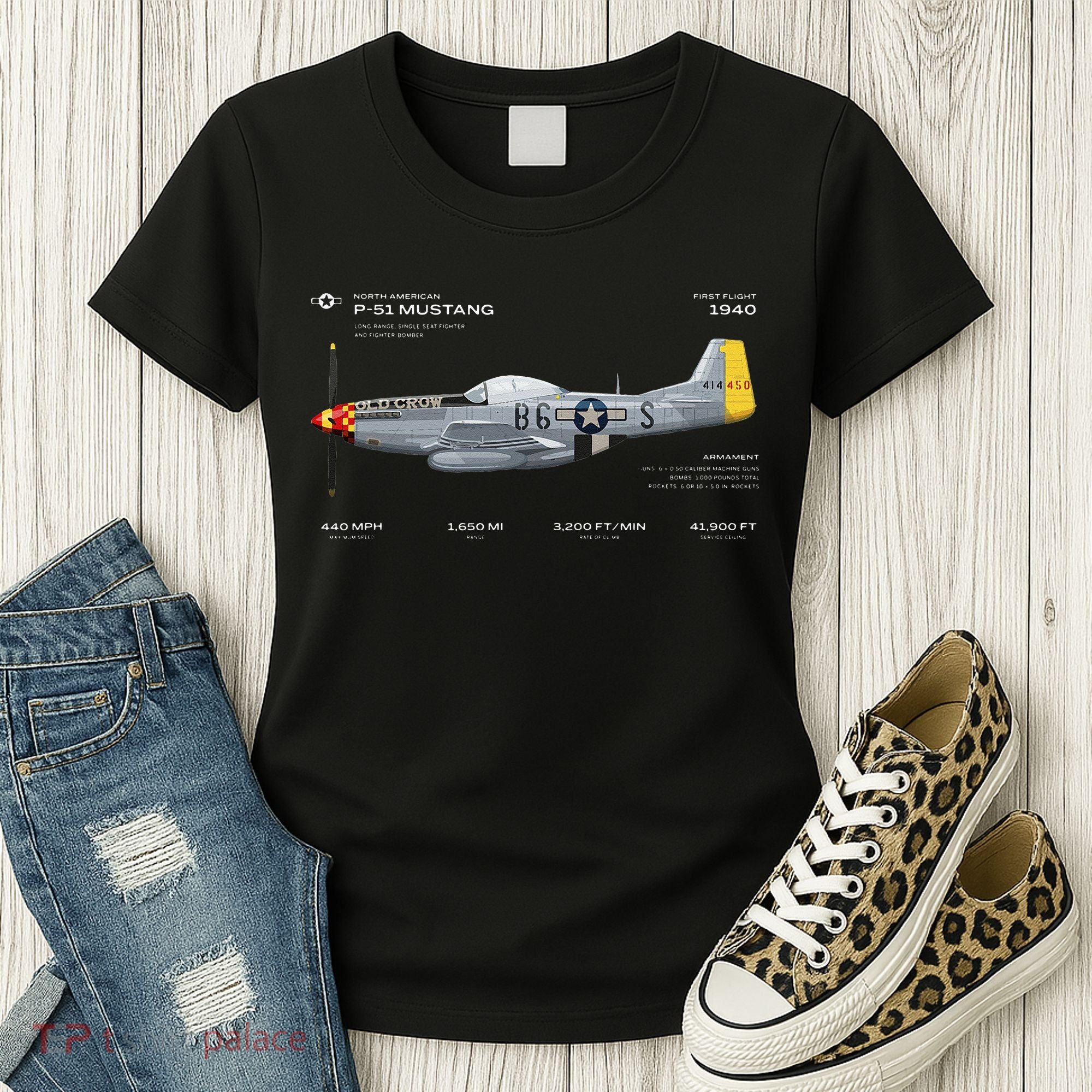 P 51 Mustang WWII Airplane Historic War Bird Fighter Women's T-Shirt