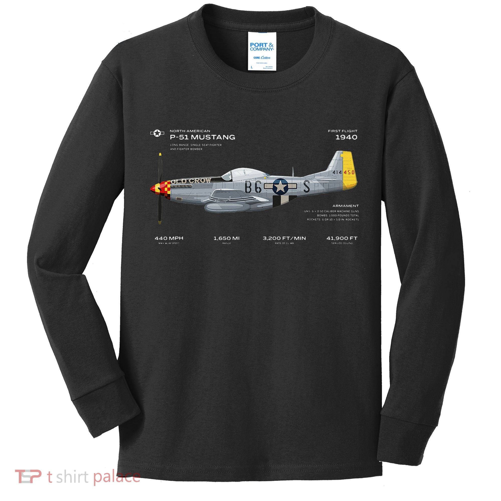 P 51 Mustang WWII Airplane Historic War Bird Fighter Kids Long Sleeve Shirt