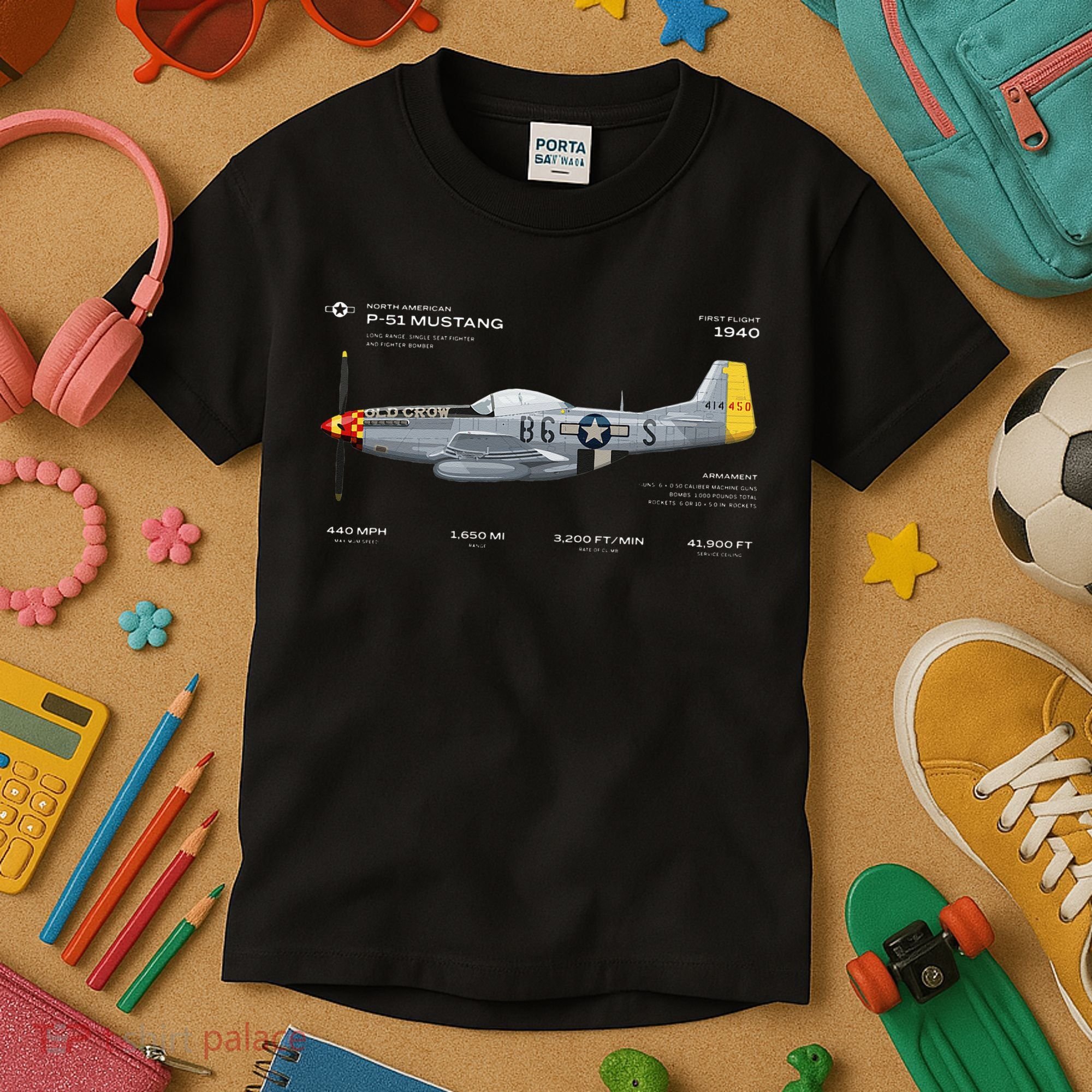 P 51 Mustang WWII Airplane Historic War Bird Fighter Kids T-Shirt