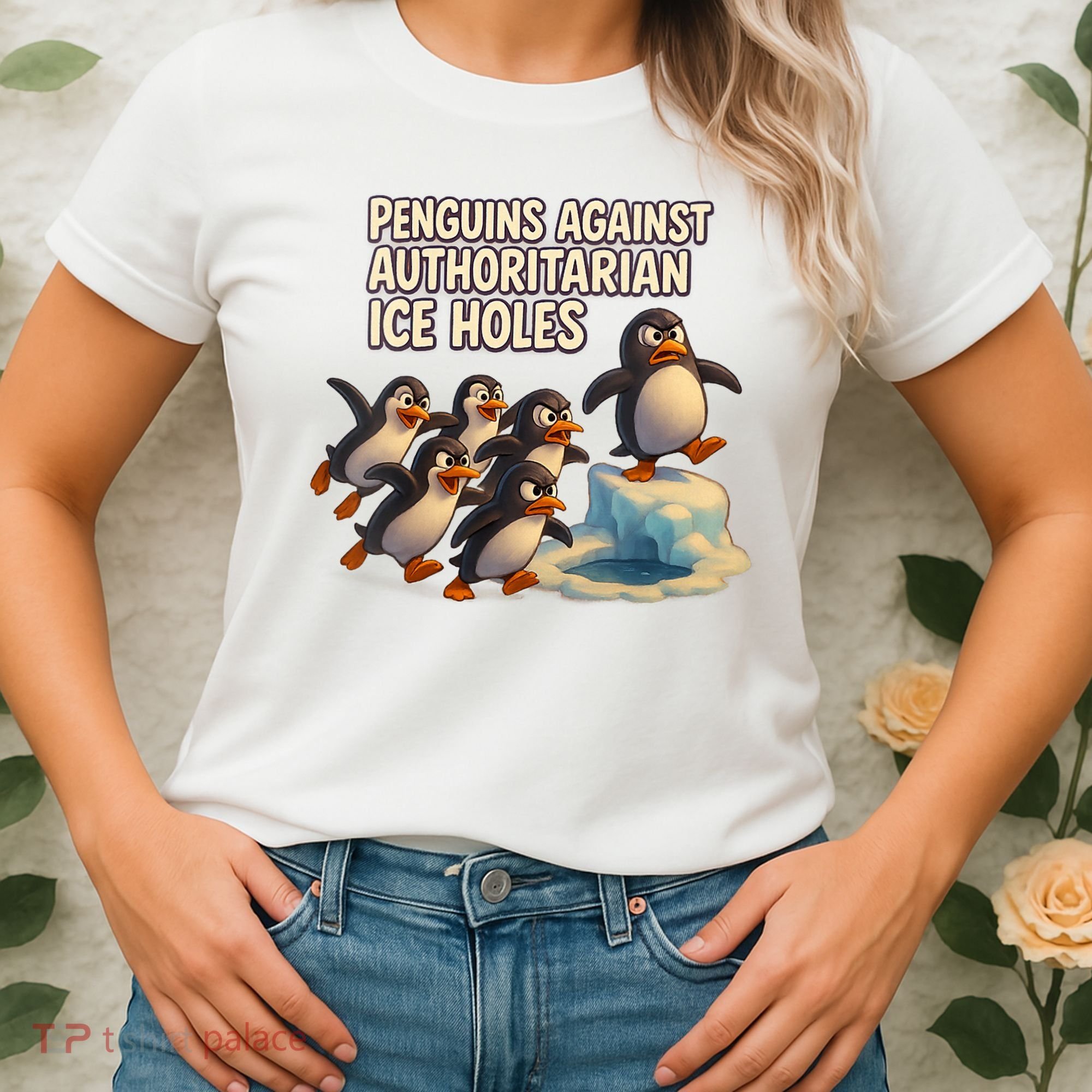Penguins Against Authoritarian Ice Holes Sarcastic V-Neck  Women's T-Shirt
