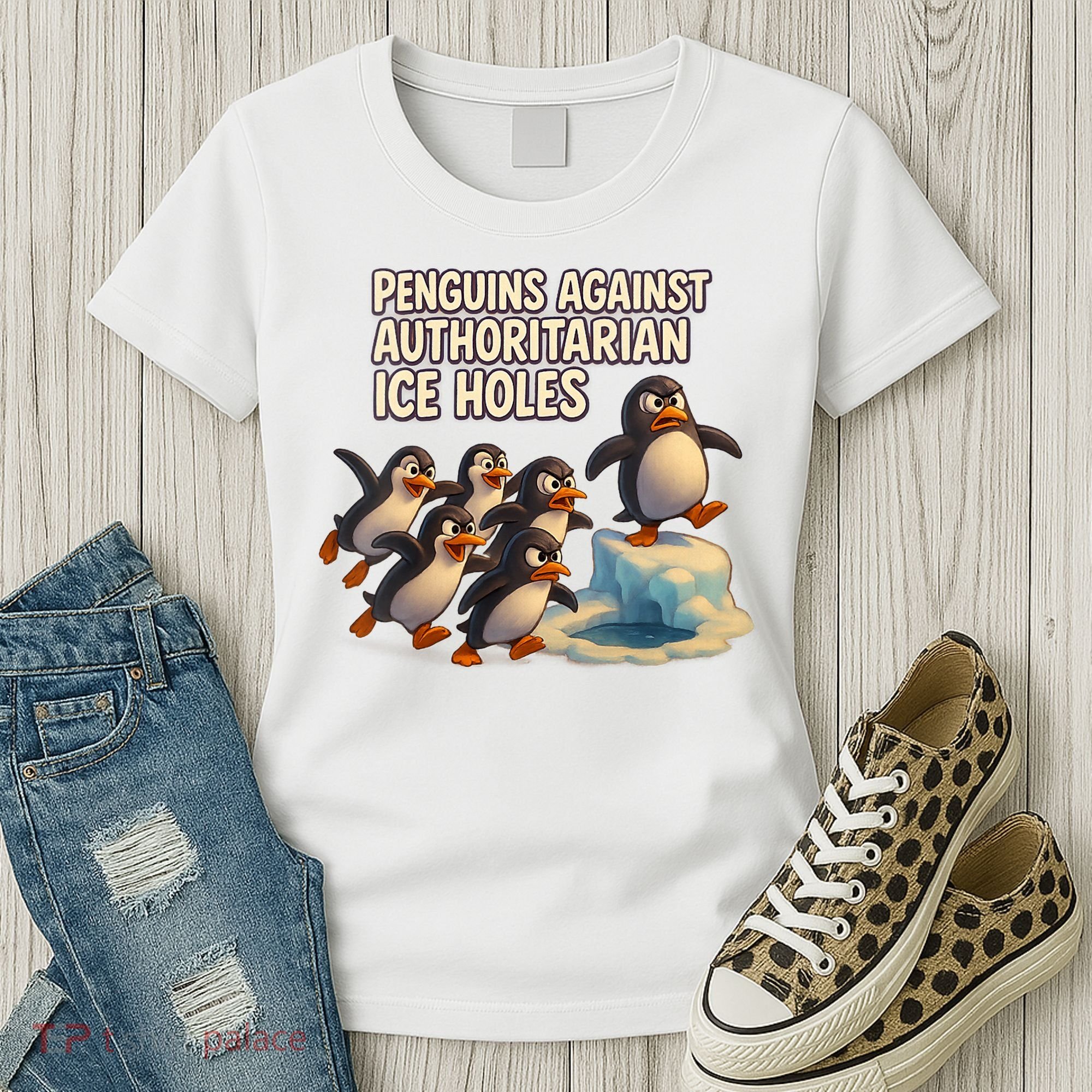 Penguins Against Authoritarian Ice Holes Sarcastic V-Neck  Women's T-Shirt