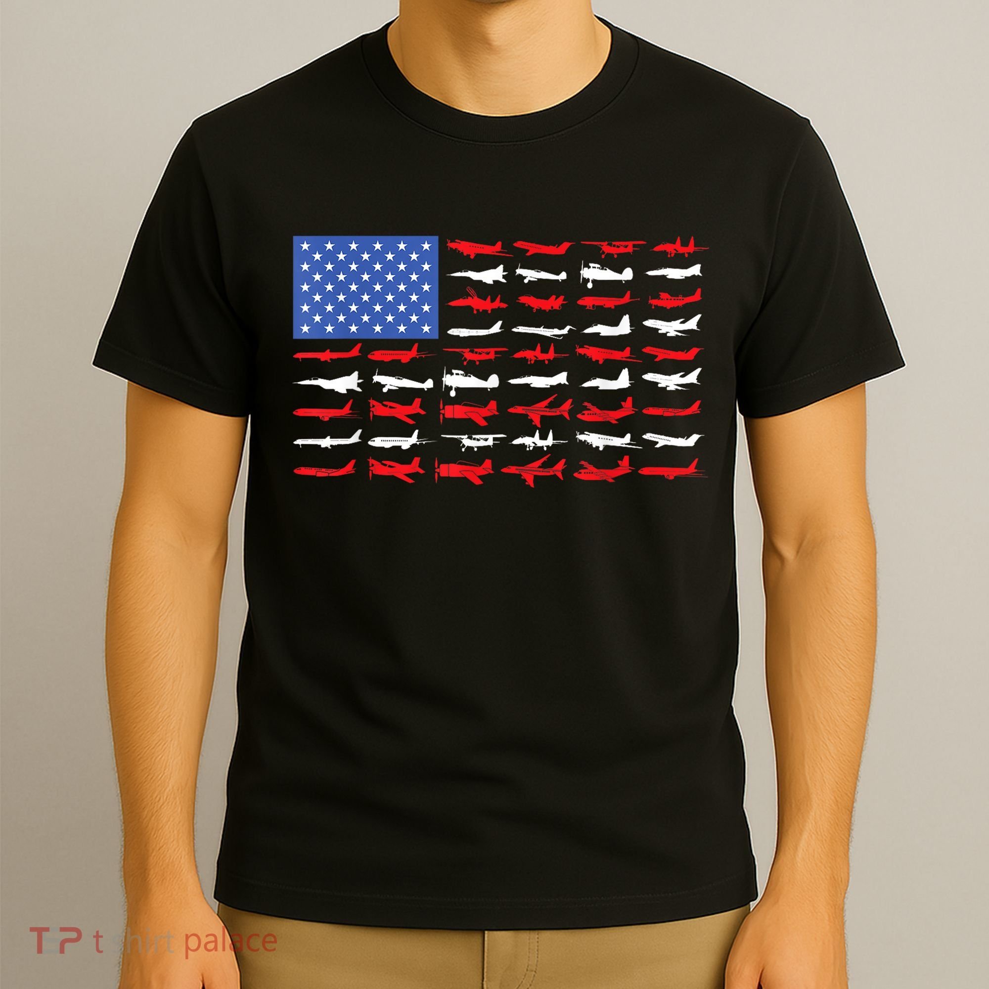 Pilot Airplane American Flag Plane Aviation Short Sleeve T-Shirt