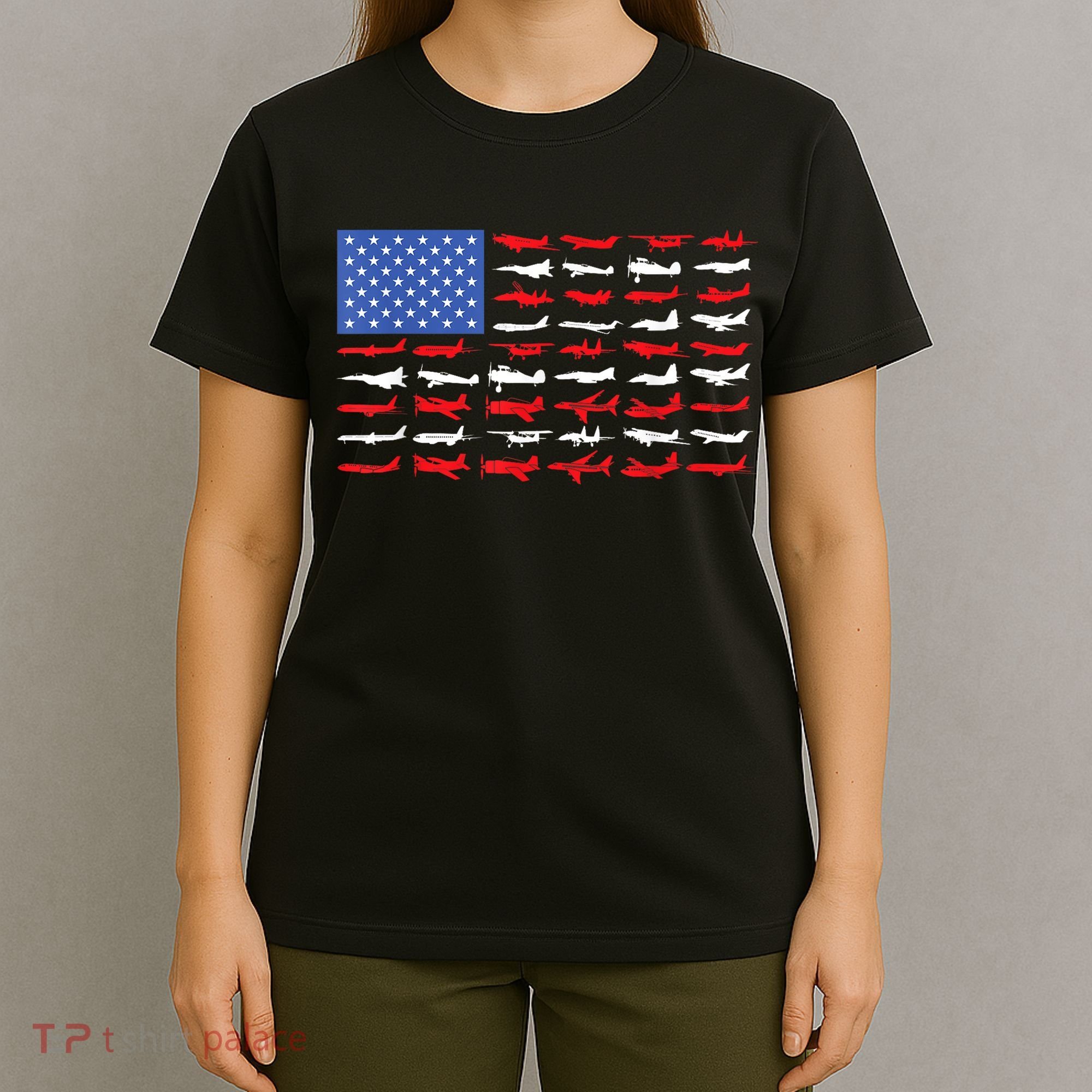 Pilot Airplane American Flag Plane Aviation Short Sleeve T-Shirt