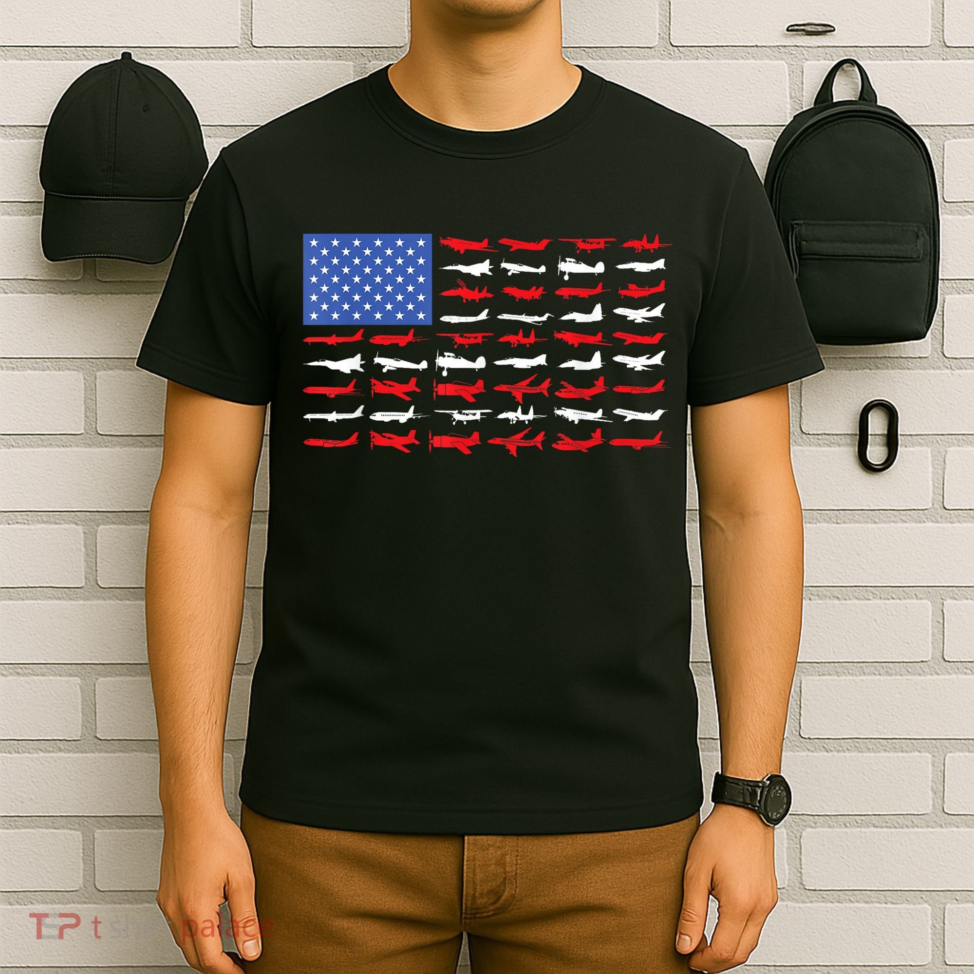 Pilot Airplane American Flag Plane Aviation Short Sleeve T-Shirt