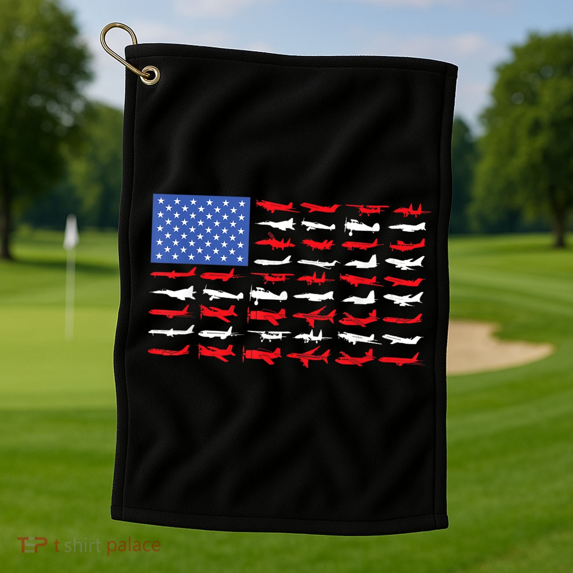 Pilot Airplane American Flag Plane Aviation Short Sleeve Golf Towel